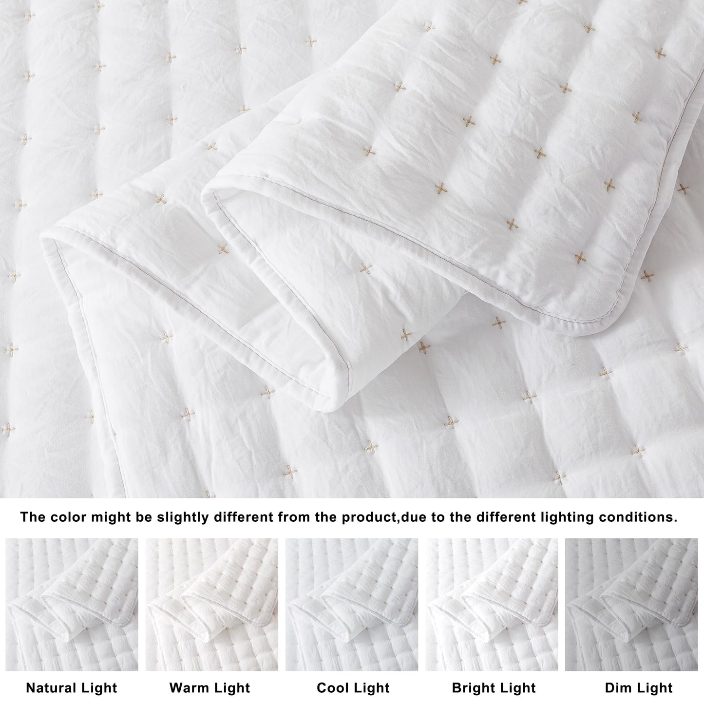 WDCOZY White Queen Size Quilt Bedding Sets with Pillow Shams, Lightweight Soft Bedspread Coverlet, Quilted Blanket Thin Comforter Bed Cover, All Season Summer Spring, 3 Pieces, 90x90 inches