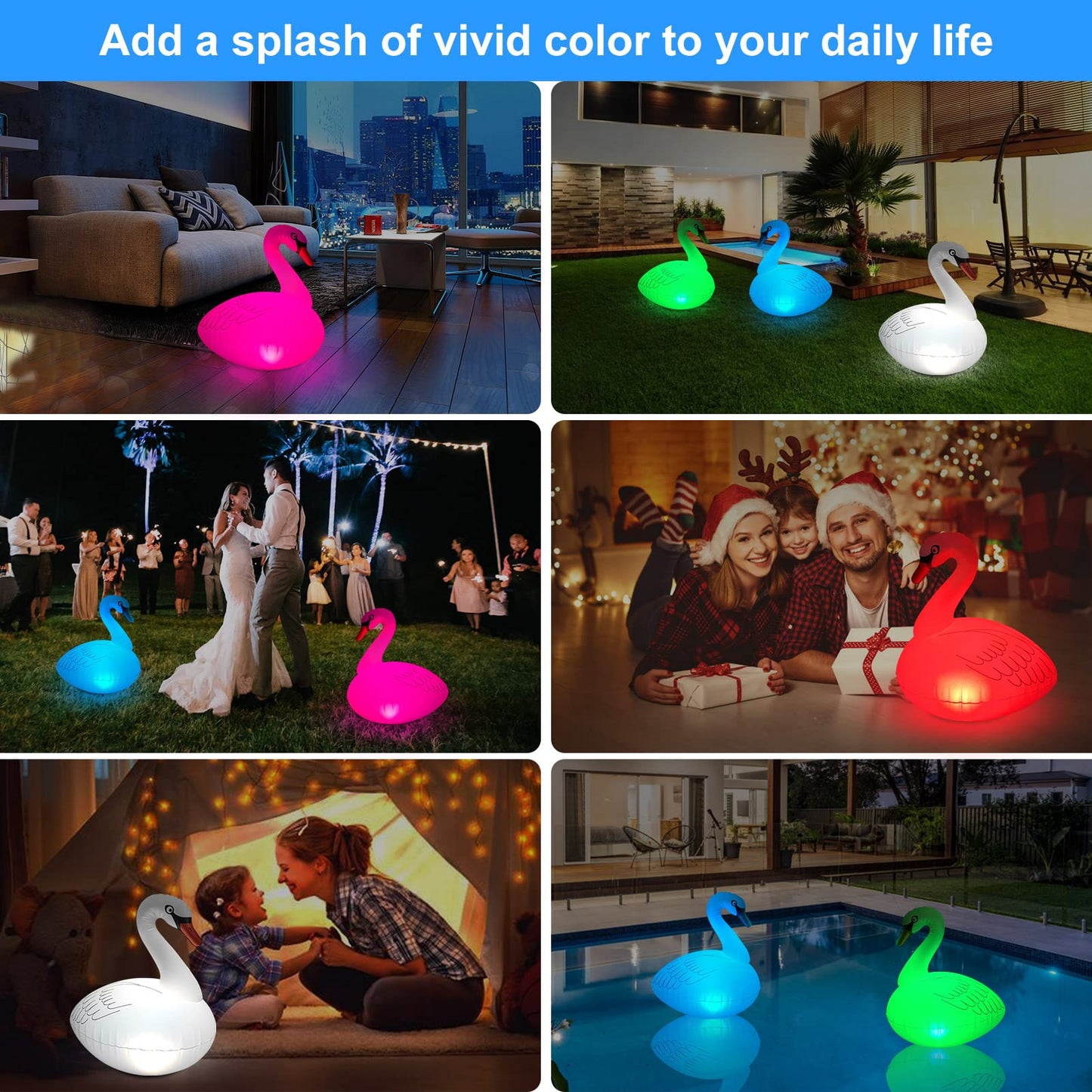 Goallim Floating Pool Lights Solar Rechargeable 2PCS, Waterproof Inflatable Swan Pool Lights, Glow in The Dark Color Changing LED for Backyard Spa Patio Wedding Party Decor