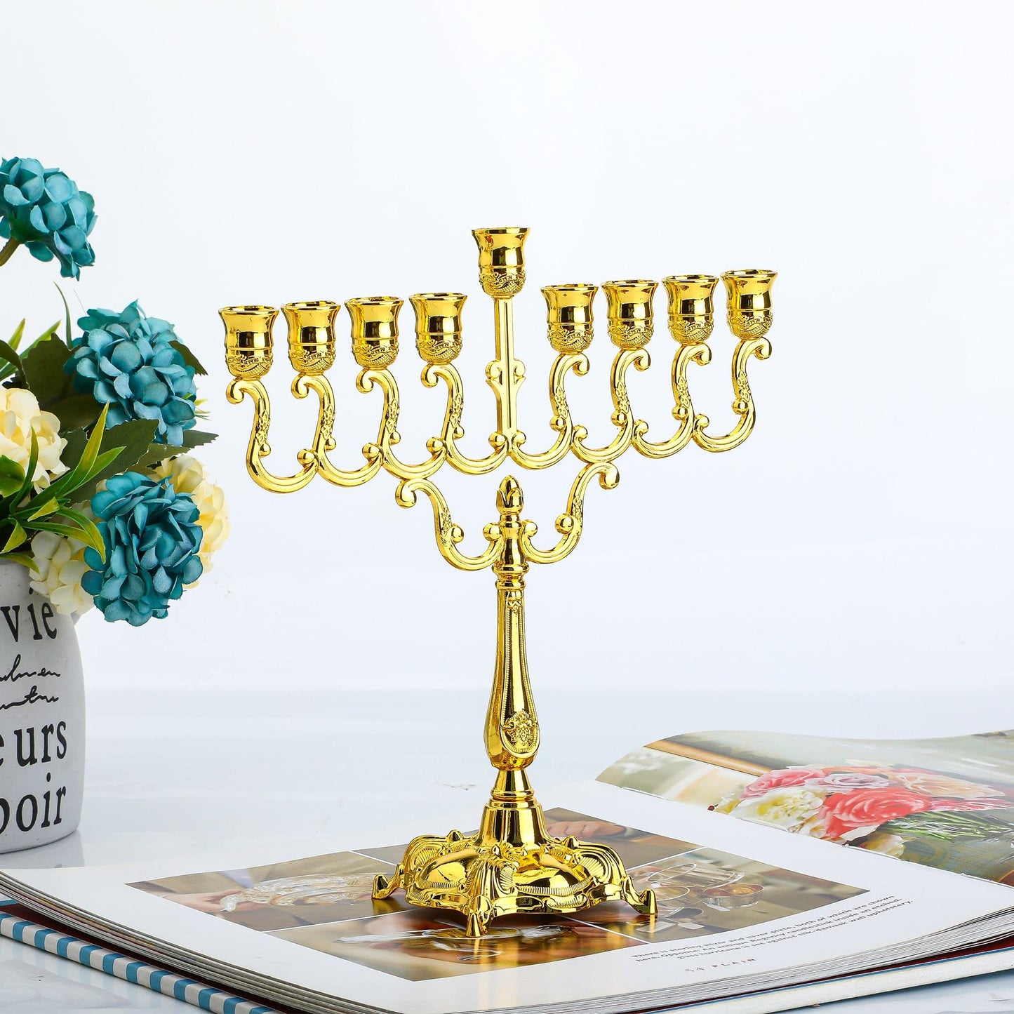 Hanukkah Menorah Ornament 9 Branch Gold Plated Jewish Candle Holder Candle Stand Candlestick