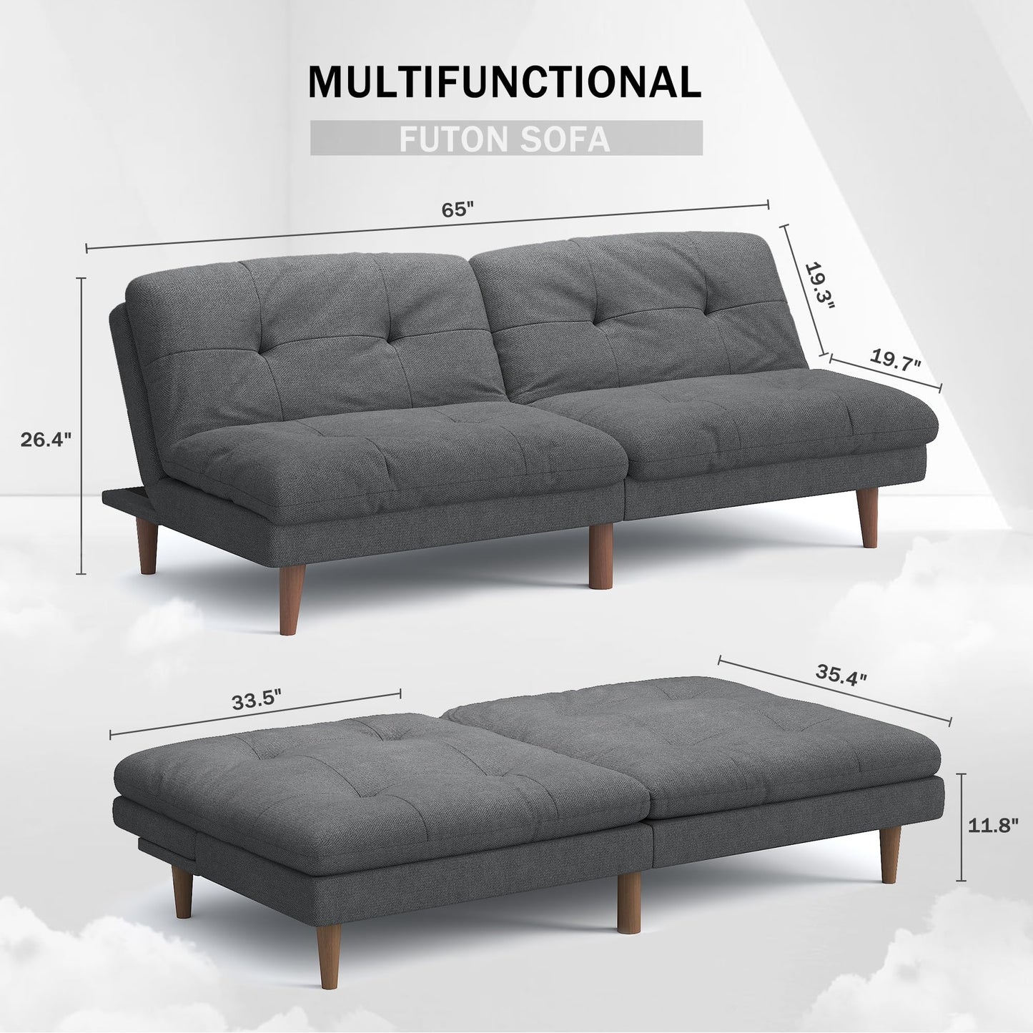 Flamaker Futon Sofa Bed Fabric Couch Adjustable Sleeper Sofa Bed for Small Apartment Modern Convertible Futon Set, Gray