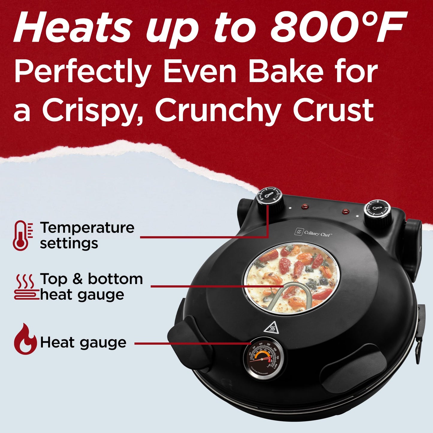 CULINARY CHEF Electric Pizza Oven with Ceramic Stone, Viewing Window, Adjustable Heat Control, Timer and 1200W Baking Power, DIY Homemade Pizzeria, Large 12” Pie Capacity (Black)