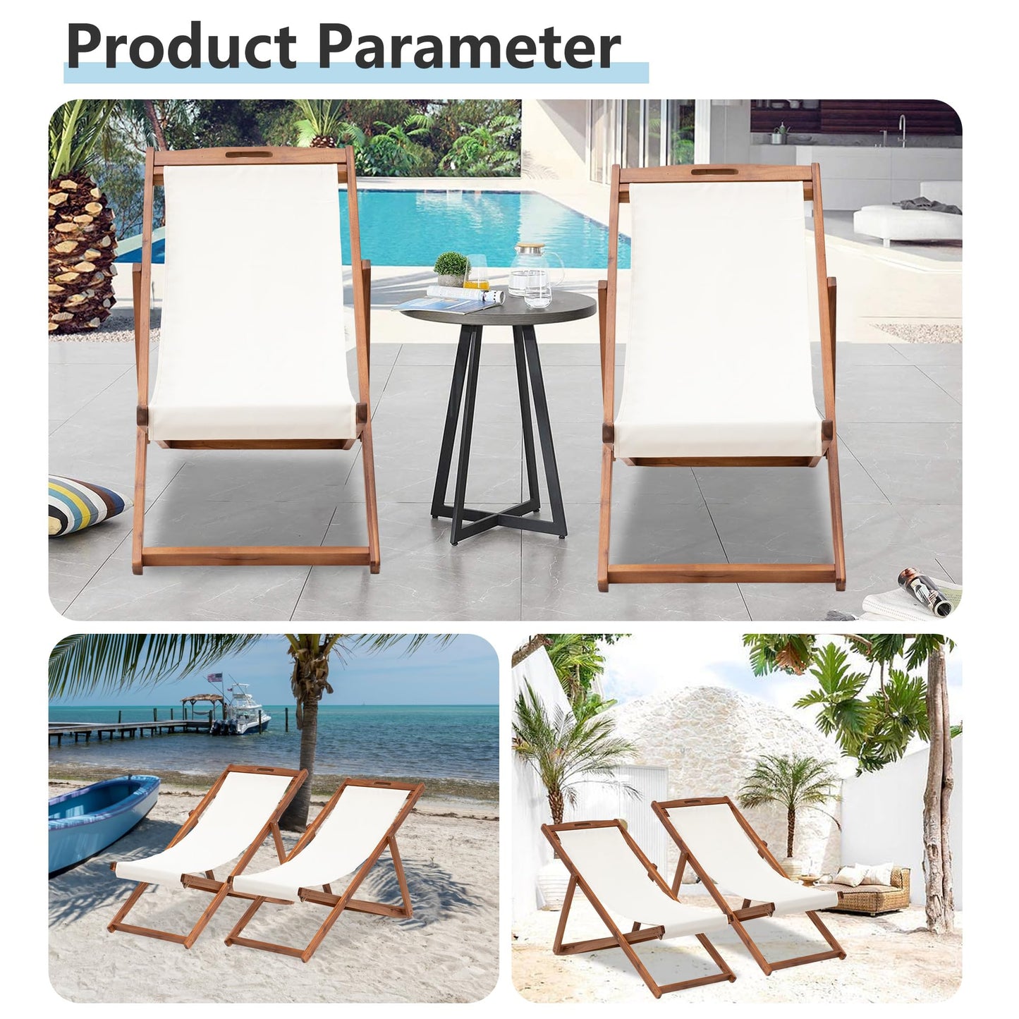 2 Set Sling Chairs Folding Sling Chair Set 3 Levels Waterproof Beach Sling Chair Outdoor Wood Patio Sling Chairs Whole Solid Eucalyptus Wood Frame for Beach Pool Side Balcony and Yard (Khaki)