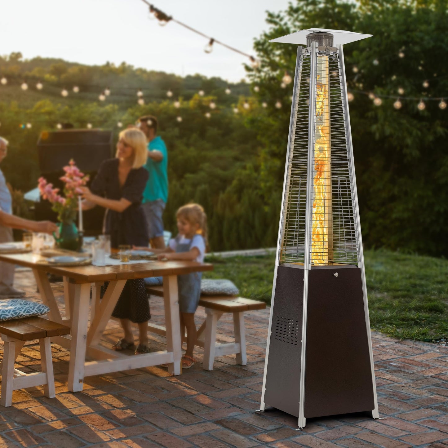 FOOWIN Pyramid Patio Propane Heater，48,000 BTU Outdor Patio Flame Heater， With Wheels,Waterproof Cover Quartz Glass Tube Propane Heater for Patio, Party, Backyard, Garden, Decoration(Bronze)