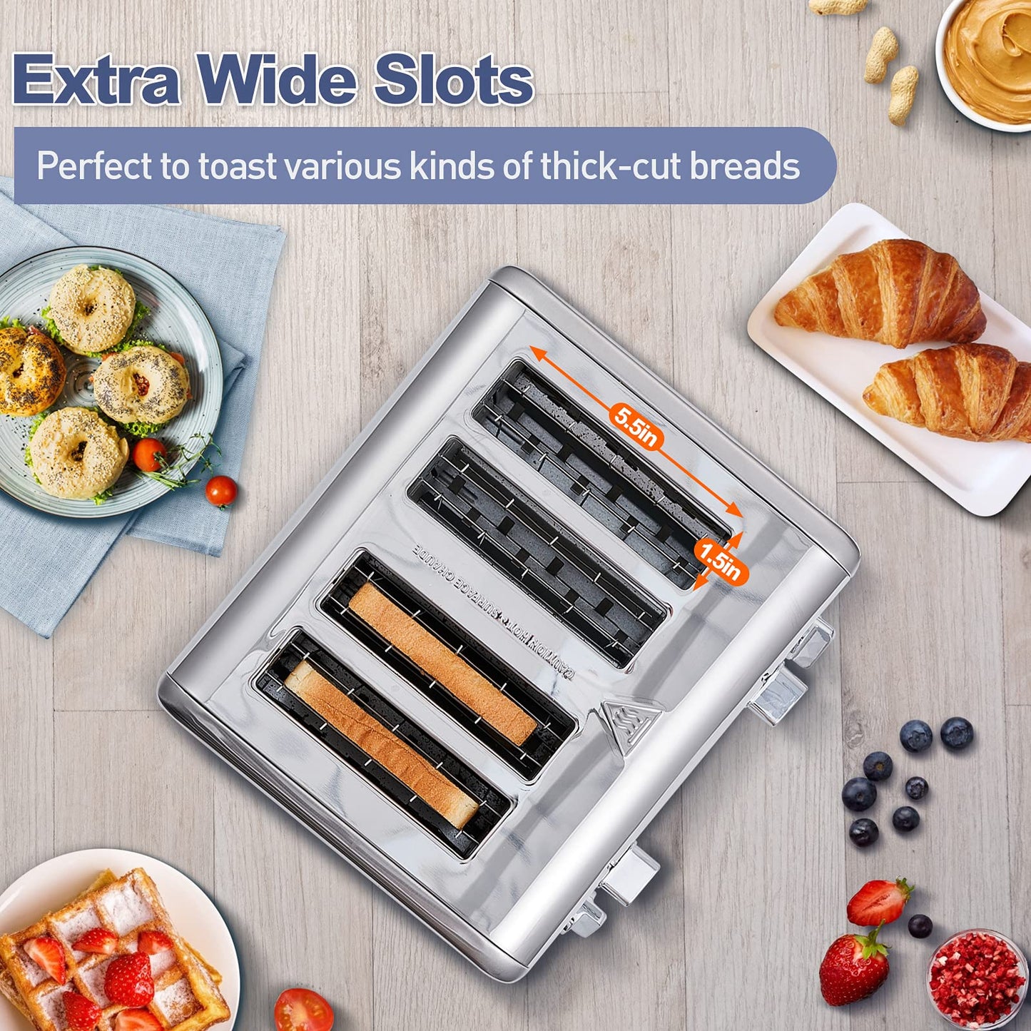 CUSIMAX 4 Slice Toaster, Ultra-Clear LED Display & Extra Wide Slots, Dual Control Panels of 6 Shade Settings, Cancel/Bagel/Defrost Function, Removable Crumb Trays, Stainless Steel Toaster