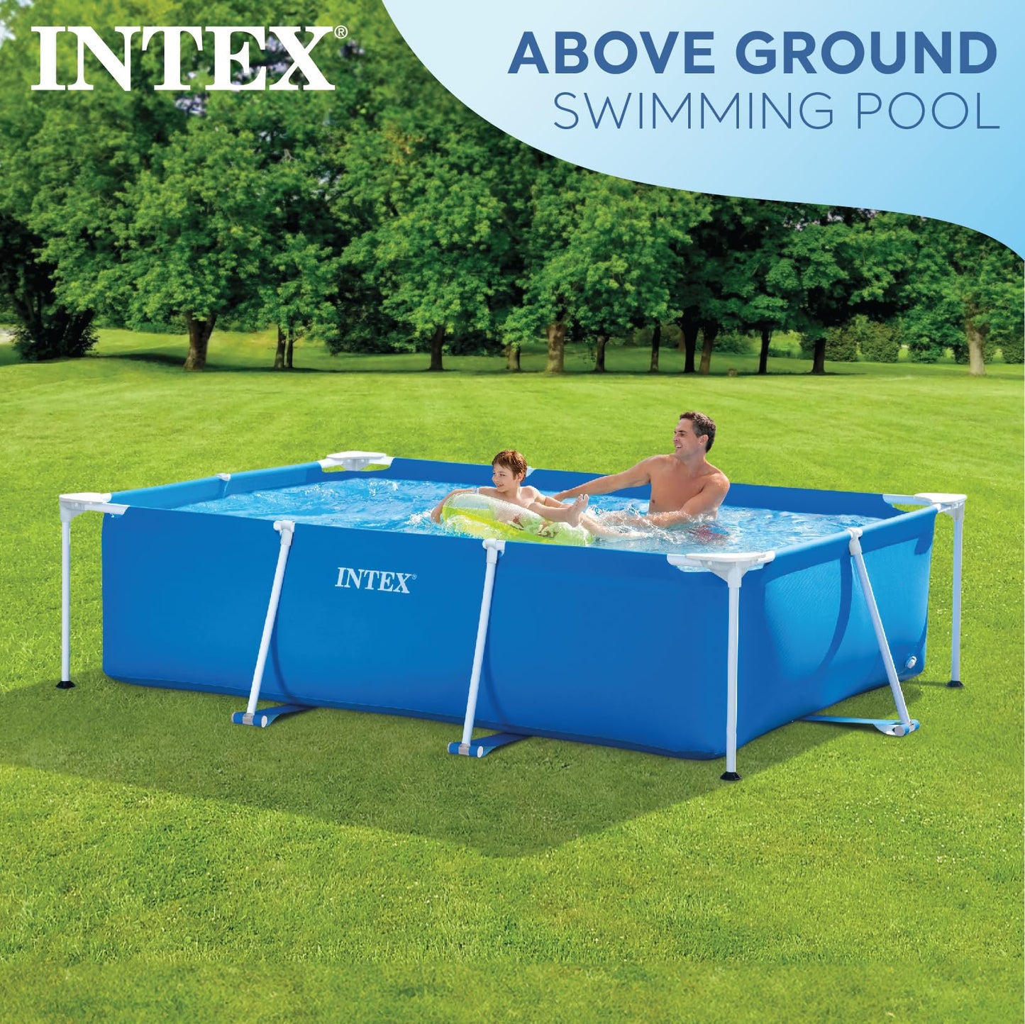 Intex 8.5ft x 26in Rectangular Frame Above Ground Quick Easy Set Up Backyard Outdoor Swimming Pool with Drain Plug for Ages 6 and Up, Blue