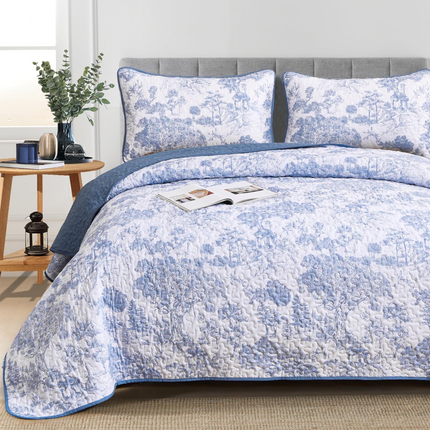 WONGS BEDDING Blue Quilt Set Full Size, 3 Pieces Botanical Bedspreads Set Lightweight Microfiber Blue Plants Pattern Coverlet Home Decor for All Seasons (90"x78")