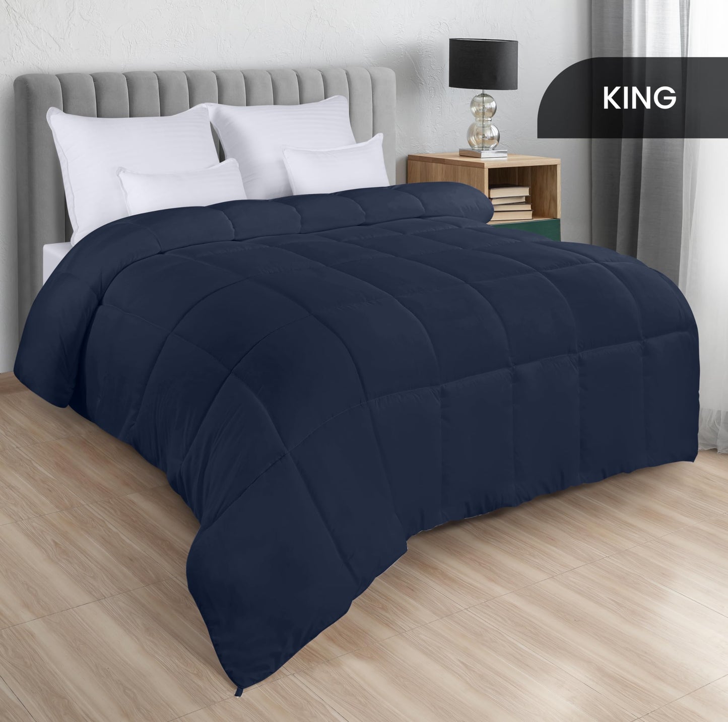 Utopia Bedding Comforters King Size, All Season Duvet Insert, Down Alternative Box Stitched Bed Comforter with Corner Tabs, Machine Washable (Navy)