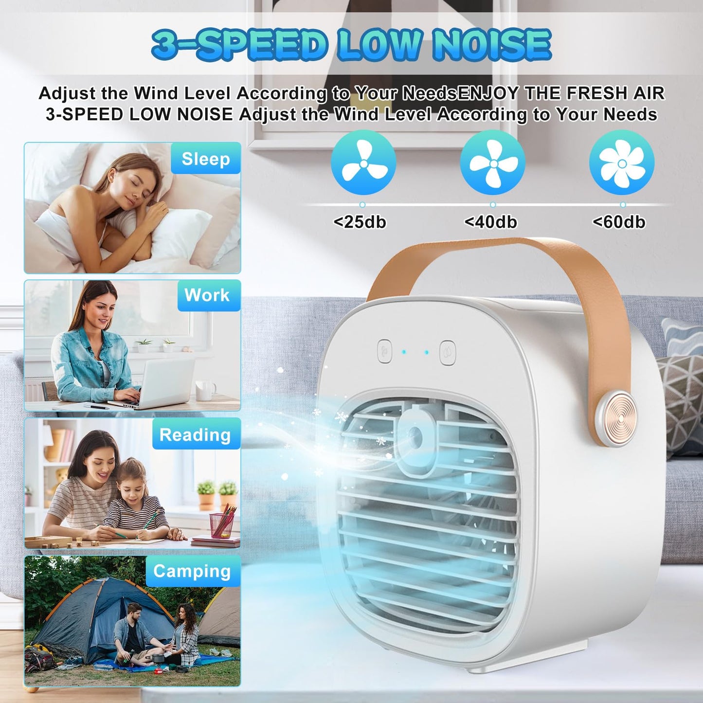 Portable Air Conditioners Fan, Mini Air Conditioner Personal Evaporative AC with 3 Speeds, Small Air Cooler for Travel, Campaing, Room, Bedroom, Outdoor