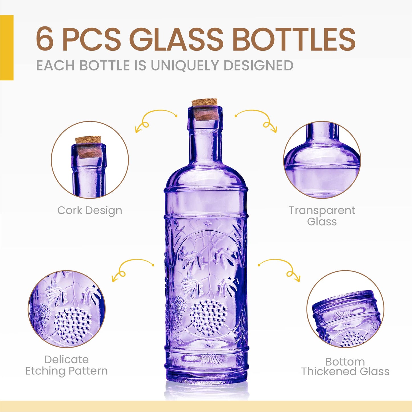 BULK PARADISE Assorted Purple Glass Bottles with Corks, 6 Pack, 2.5in X 9in, 16oz