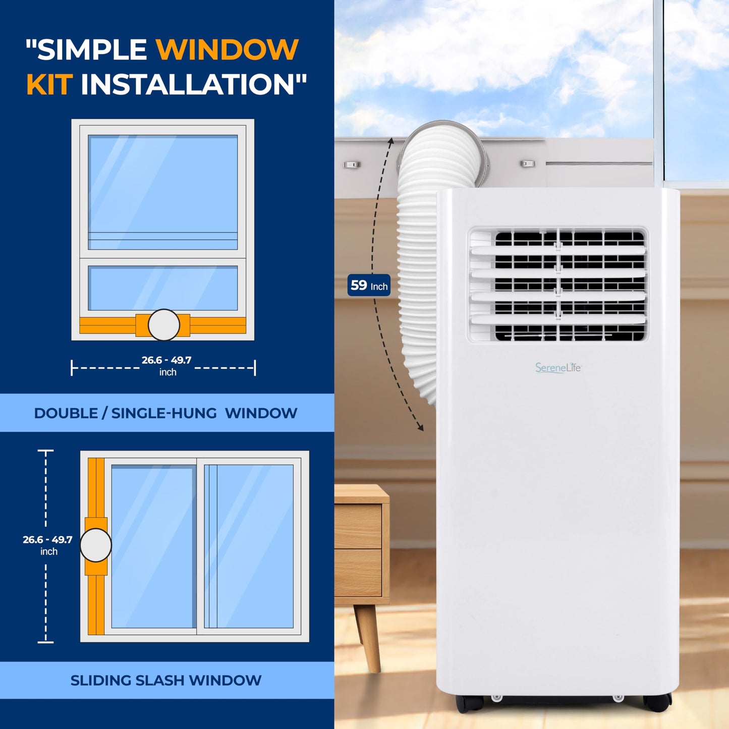 SereneLife Small Air Conditioner Portable 10,000 BTU with Built-in Dehumidifier - Portable AC unit for rooms up to 450 sq ft - WiFi app + Remote Control, Window Mount Exhaust Kit