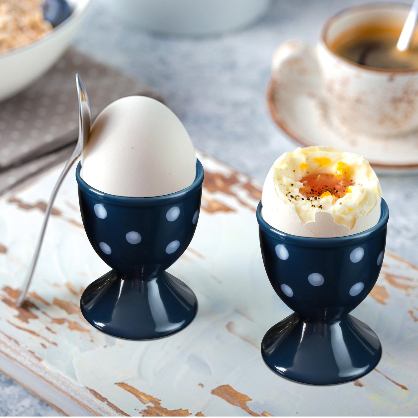 Cinf Ceramic Egg Cup Blue Set of 2 Porcelain Holder Breakfast Boiled Cooking Easy to Clean Childhood Memories Kitchen