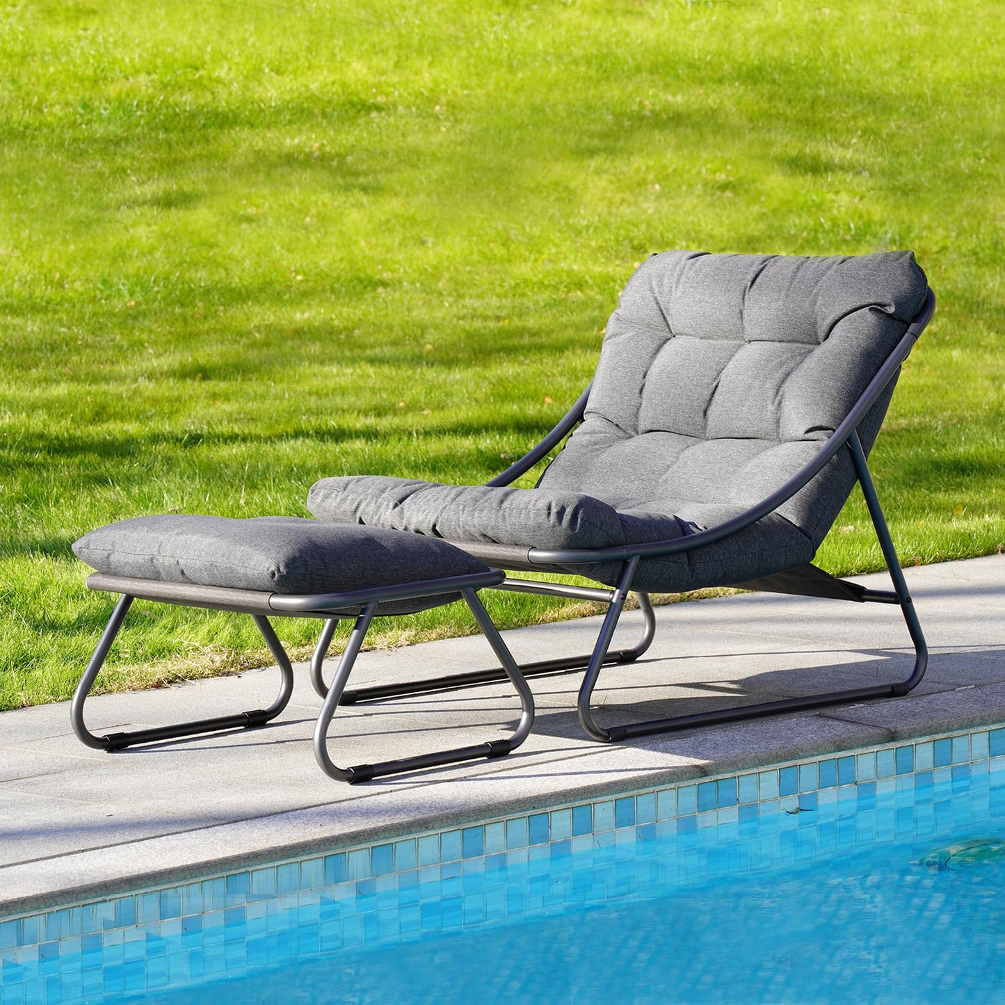 Grand patio Outdoor Lounge Chair with Ottoman, Comfy Sling Recliner Chair with Puffy Cushion and Footstool, Samba Modern Patio Furniture Set for Porch Deck Garden, Dark Gray