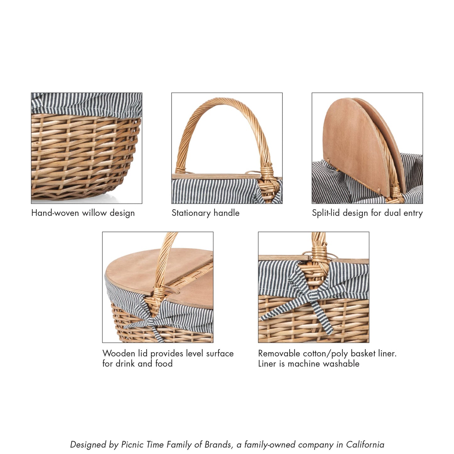 PICNIC TIME - Country Vintage Picnic Basket with Lid - Wicker Picnic Basket for 2, (Navy Blue & White Stripe)