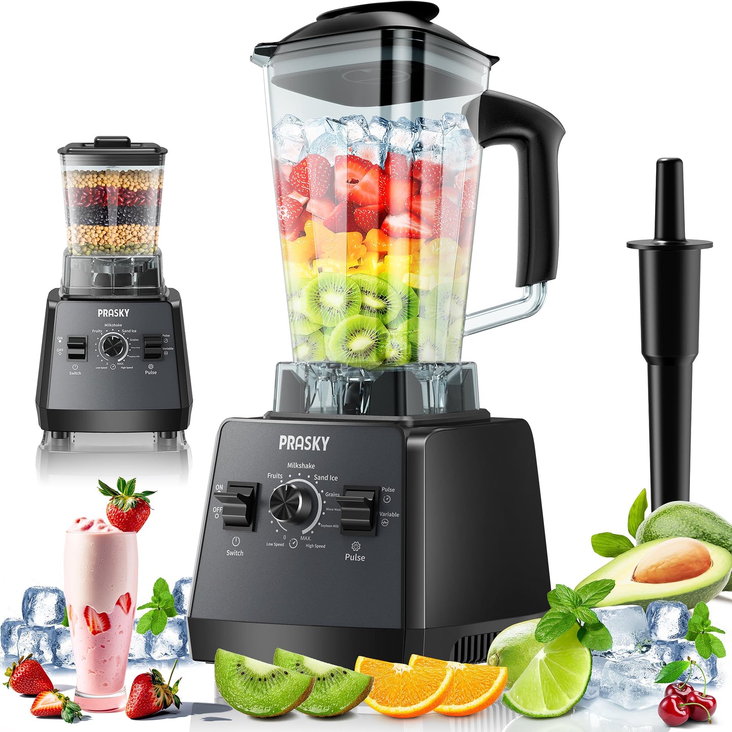 Professional Blender, Smoothies Blender, PRASKY 2400W Blender and Grinder Combo 25000RPM Powerful Blenders Kitchen 68oz BPA Free 2 Containers Countertop Blenders Ice, Grinding, Juice, Shakes