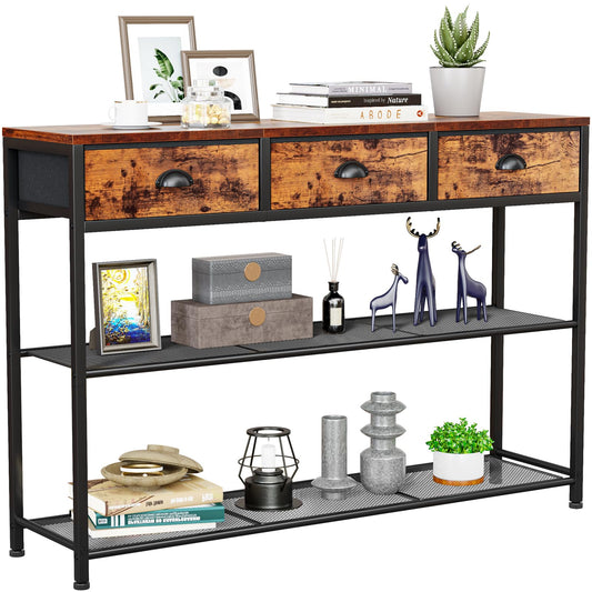 Furologee Entryway Table, 38'' Console Sofa Table with 3 Fabric Drawers, Industrial Entry Way Table with Storage Shelves, Display Shelf for Living Room, Hallway, Entrance, Foyer, Rustic Brown