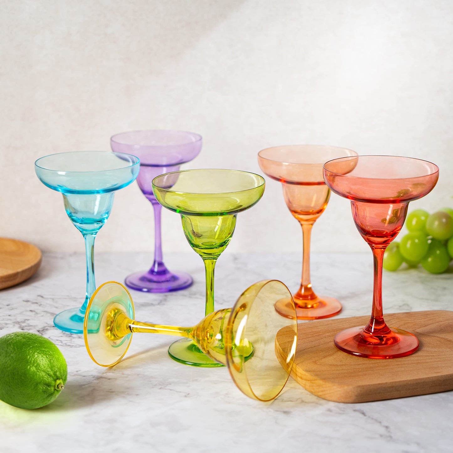 Wine Glasses Set of 6 - Wine Margarita Cocktail Glasses 7.4 oz - Multi Colored Set of 6 - Classic Cocktail Drinking Glasses &Frozen Drinks, Luxury Hand Blown Champagne Glass Cinco de Mayo Large Party