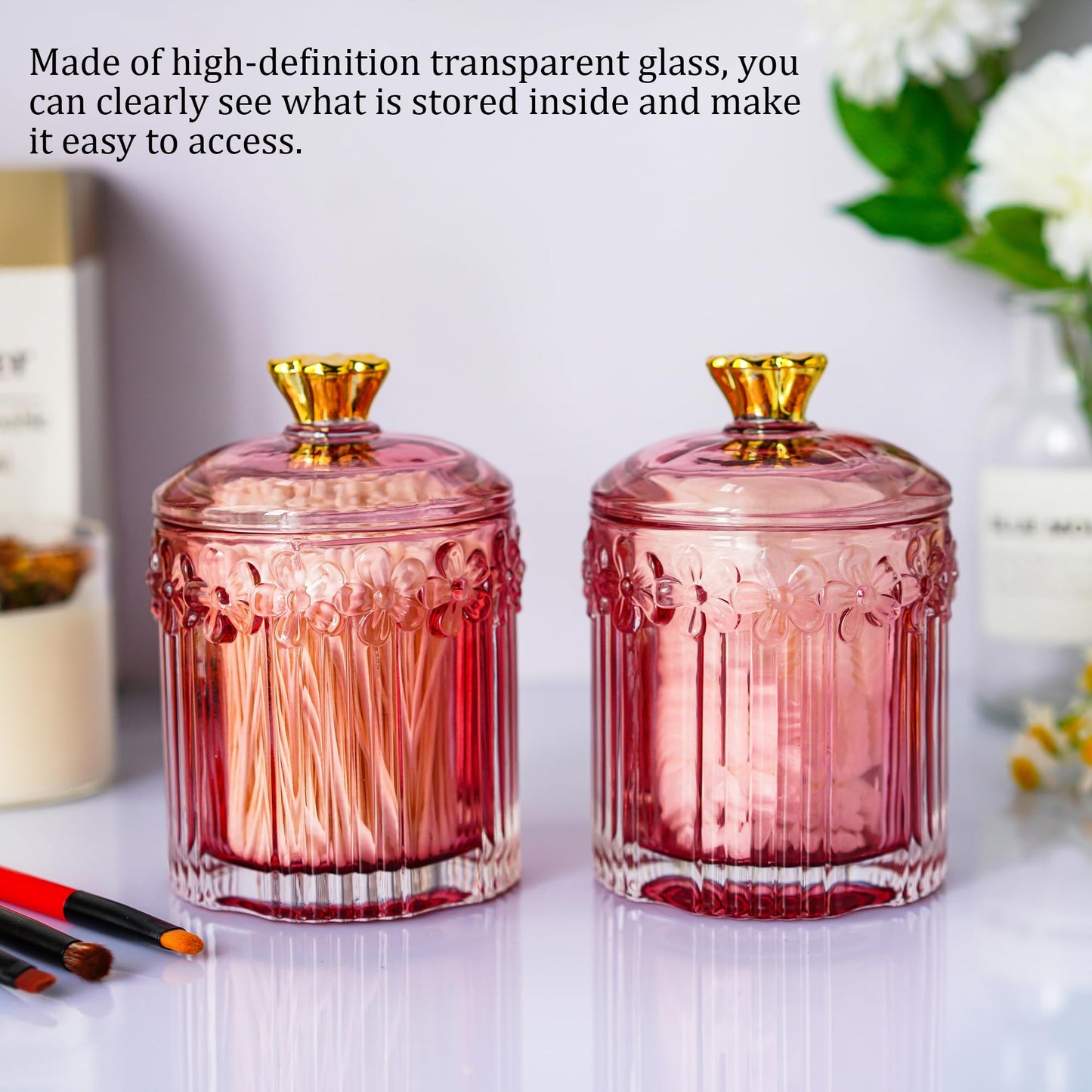 KANPURA Decorative Glass Jars with Lids,Crystal Apothecary Jars,Crystal Candy Jar,Glass Storage Bathroom Pink Jar Wedding Decor Gift for Women Mother,Wife