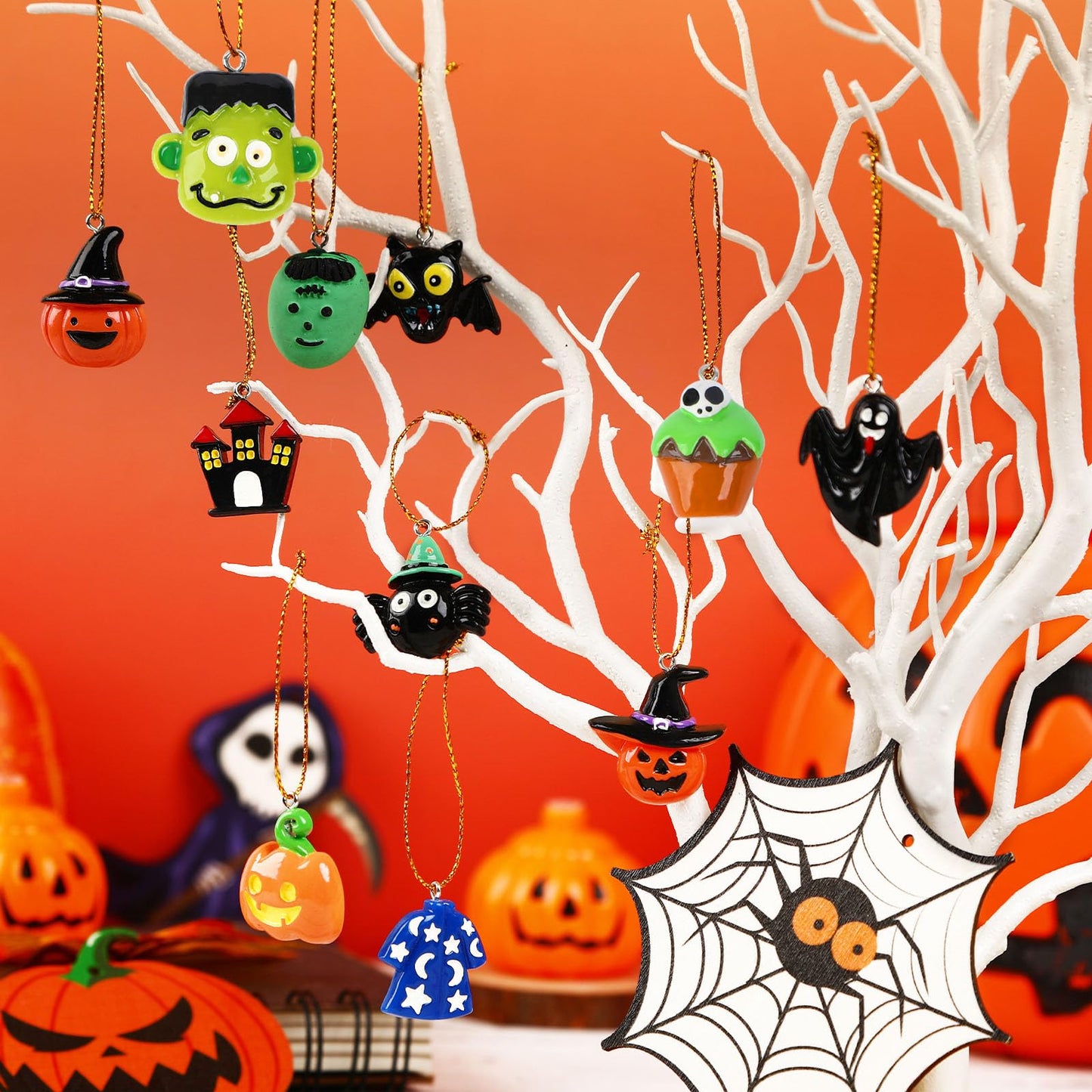 DTOFOOT 36PCS Mini Resin Halloween Ornaments Tiny Halloween Hanging Ornaments for Tree Halloween Miniatures Figurines Charms with String Resin Hanging Pendants for Halloween Party Decorations