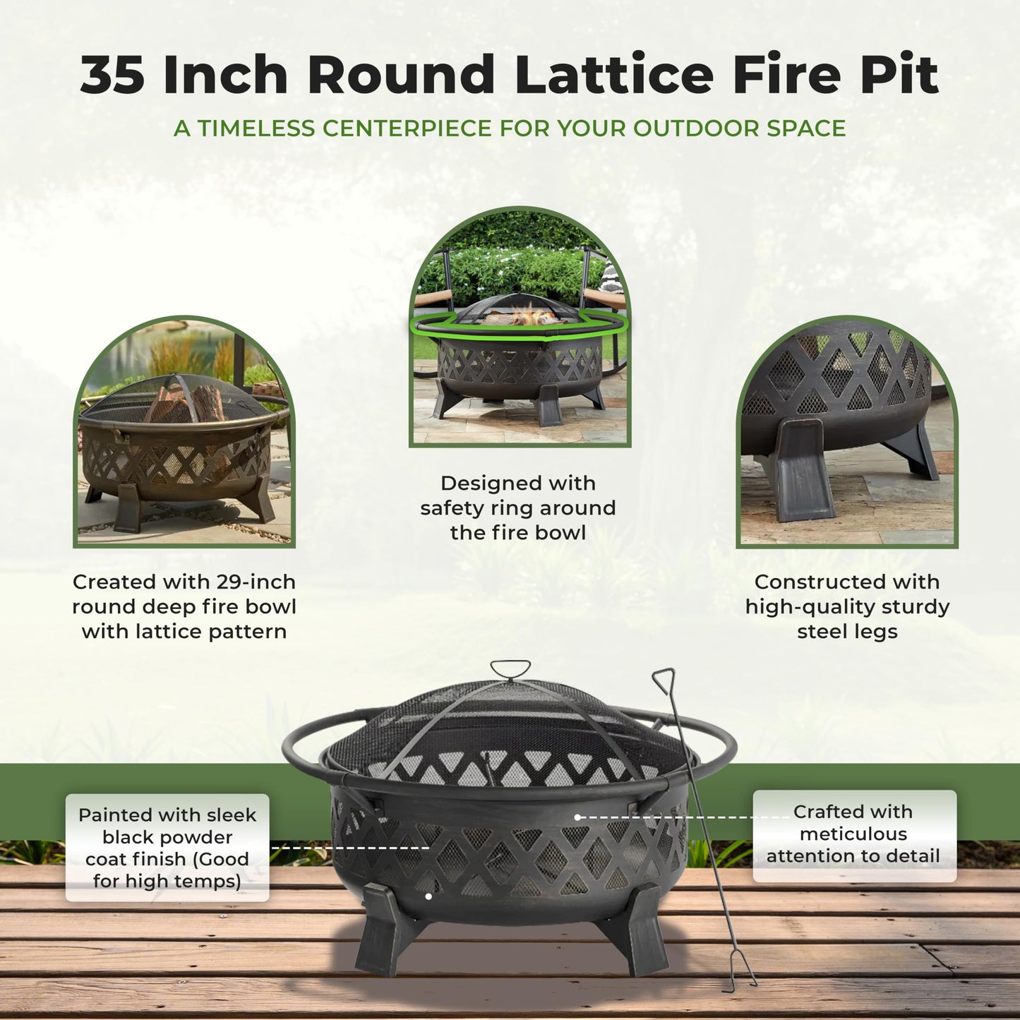 Four Seasons Courtyard Outdoor Fire Pit with Spark Screen and Safety Ring, 35"