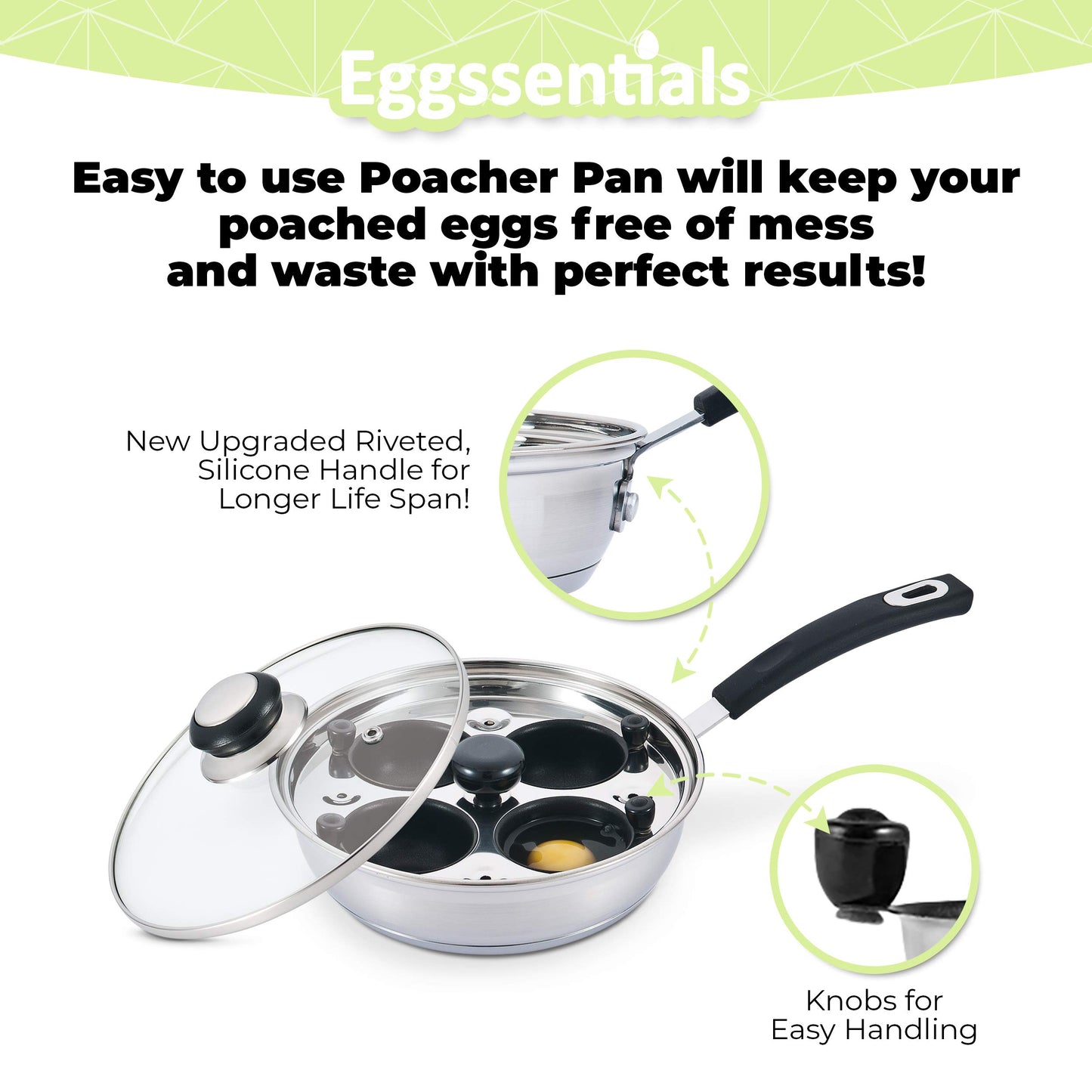 Egg Poacher - Eggssentials Poached Egg Maker, Stainless Steel Egg Poaching Pan, Poached Eggs Cooker Food Grade Safe PFOA Free with Spatula