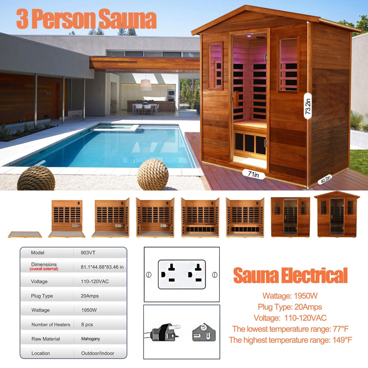 SALUSHEAT 3 Person Sauna Outdoor Sauna Far Infrared Saunas Low EMF Infrared Sauna for Home 1950W Indoor Sauna Mahogany Wooden Sauna Spa with Beauty Red Light, Foldable Seat, Headrest, Bluetooth