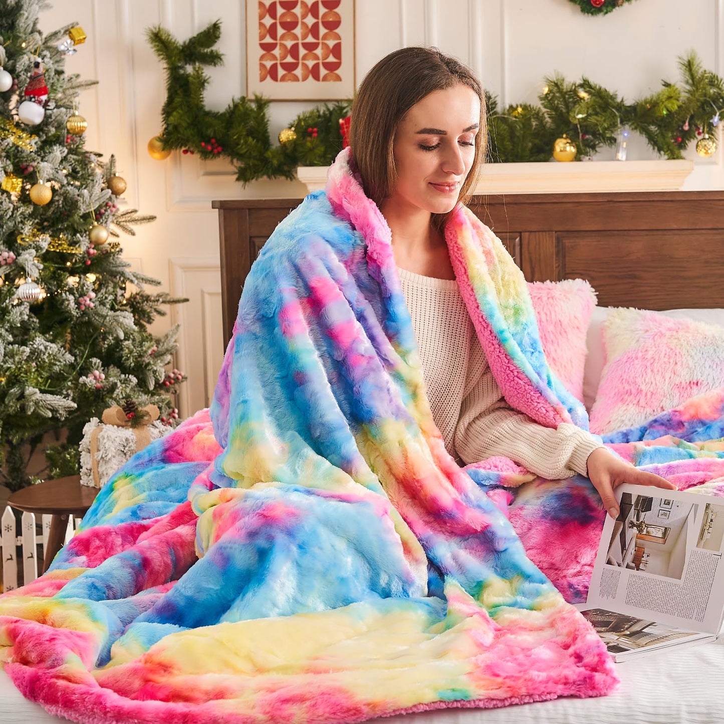 NEWCOSPLAY Super Soft Faux Fur Throw Blanket for Couch Dark Rainbow Sherpa Fuzzy Plush Warm Blanket for Sofa Bed (Dark Rainbow, Throw(40"x50"))