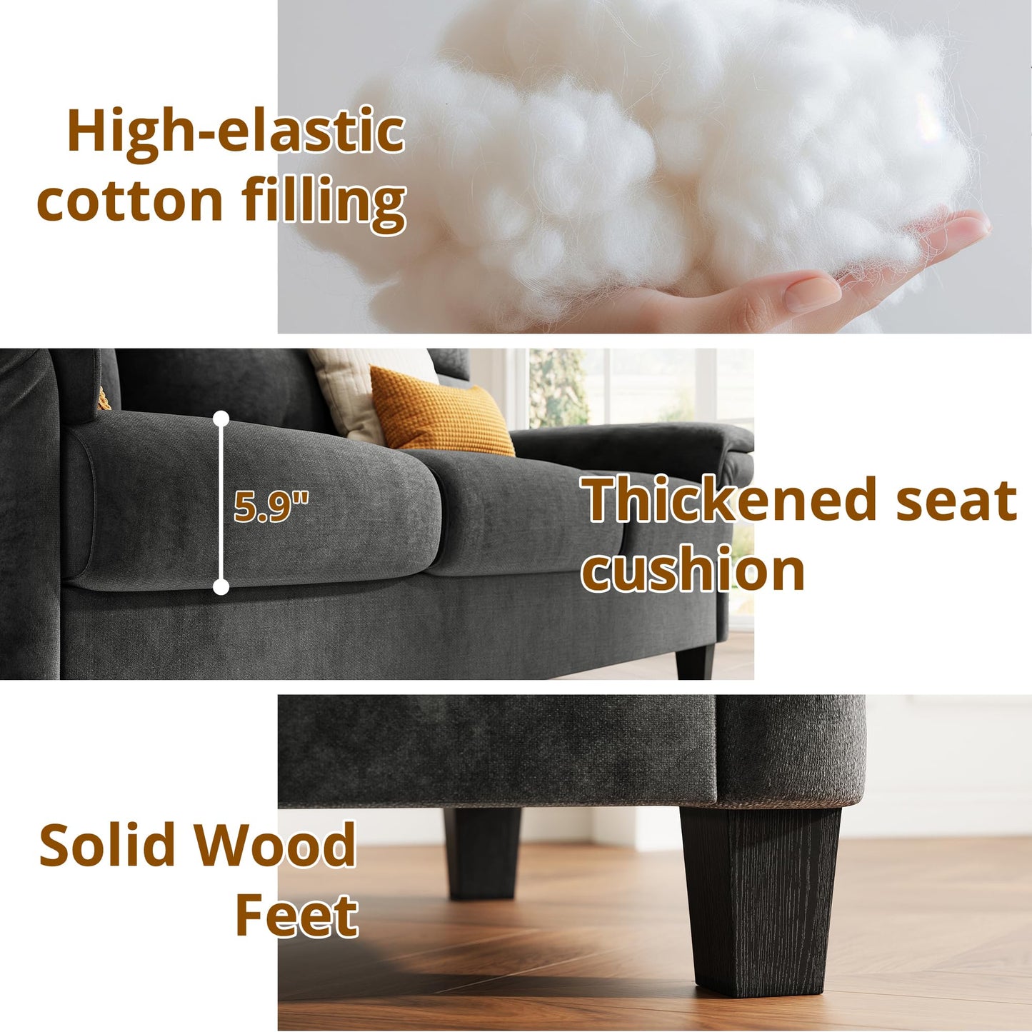 LIKIMIO Sofa Couches for Living Room, with Adjustable armrests, Extra Deep Seats 3 Seater Sofa, Modern Couches for Living Room/Apartment, Easy Assembly, Gray Chenille (92 Inch)