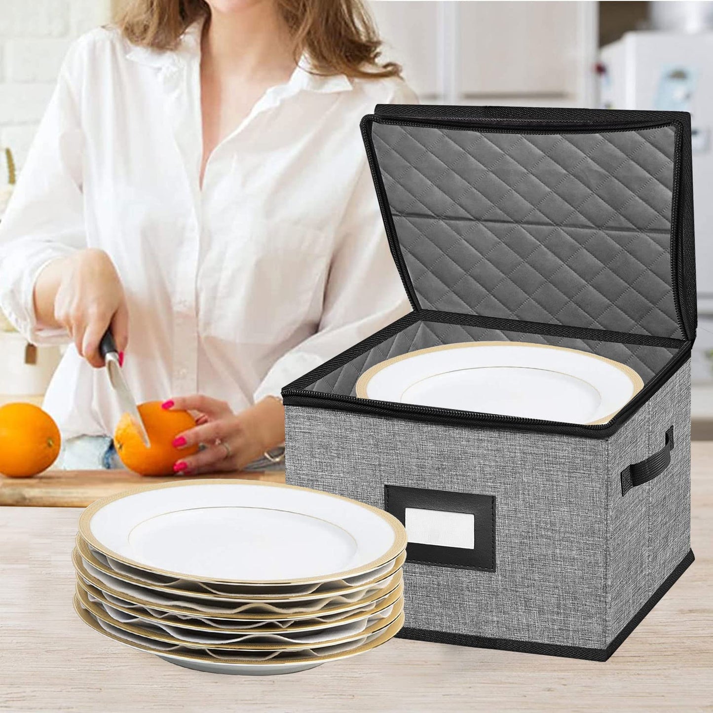 China Storage Containers-Quilted Dish Storage Containers with Lid Hard Shell for Moving Transport, Dinnerware Storage,Stackable Plate Storage,24 Felt Plate Dividers Included,2PACK 12*12*8in(Dark Grey)