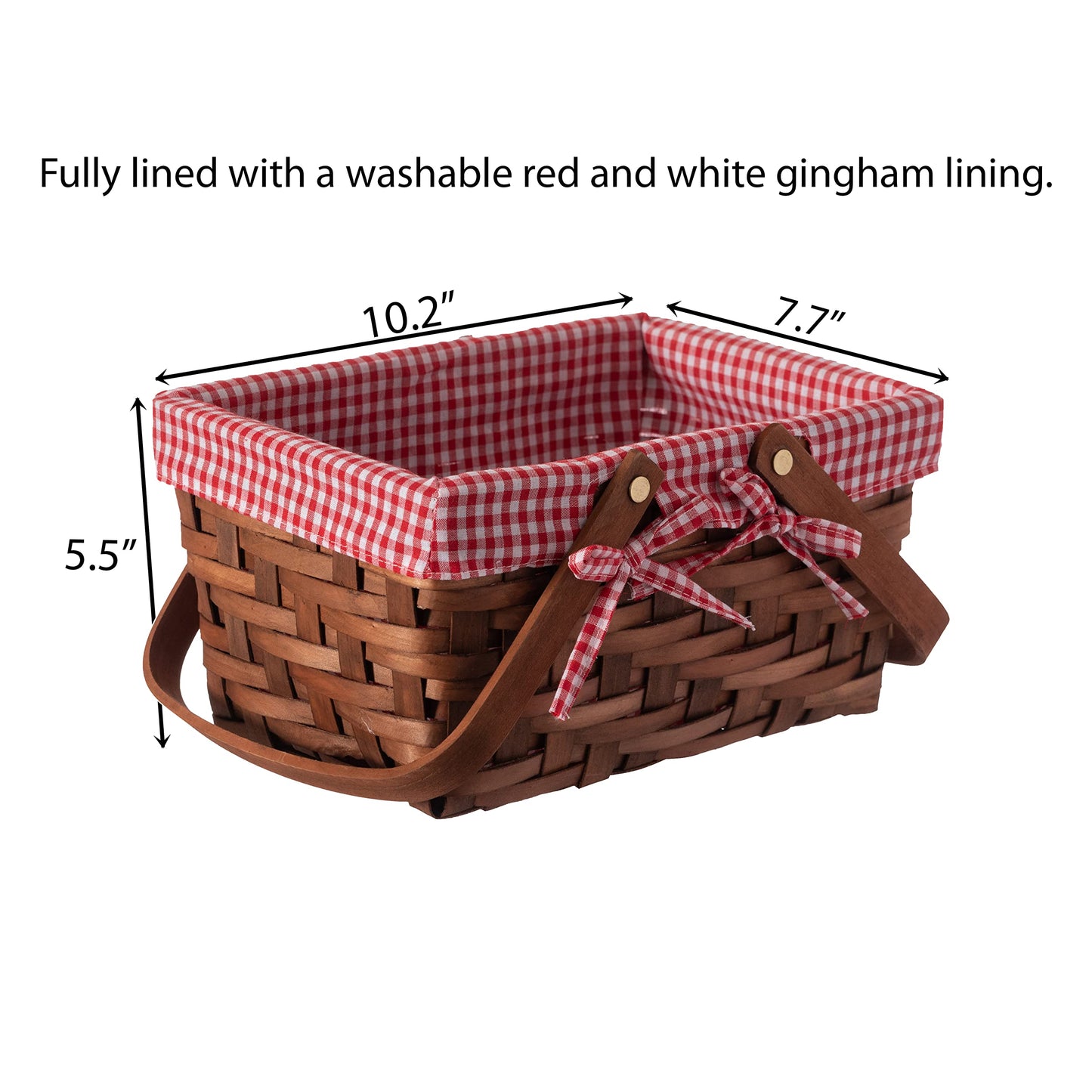 Wickerwise Small Rectangular Woodchip Picnic Baskets with Double Folding Handles, Natural Hand-Woven Basket Lined with Gingham Red and White Lining Great for Gifts