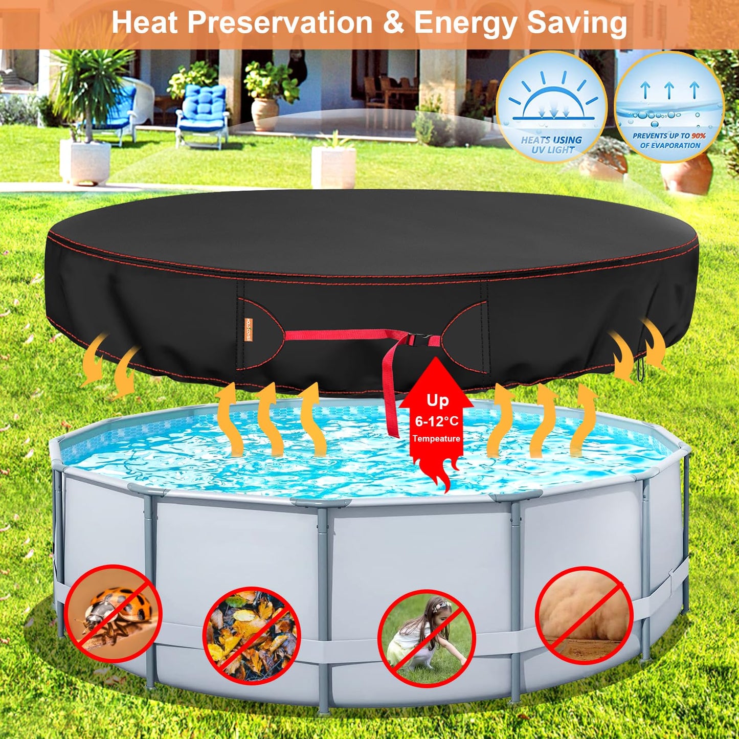 8 Ft Round Pool Cover, Solar Covers for Above Ground Pools, Stock Tank Pool Cover Protector with Pool Cover Accessories, Round Hot Tub Cover Ideal for Waterproof and Dustproof(8Ft)