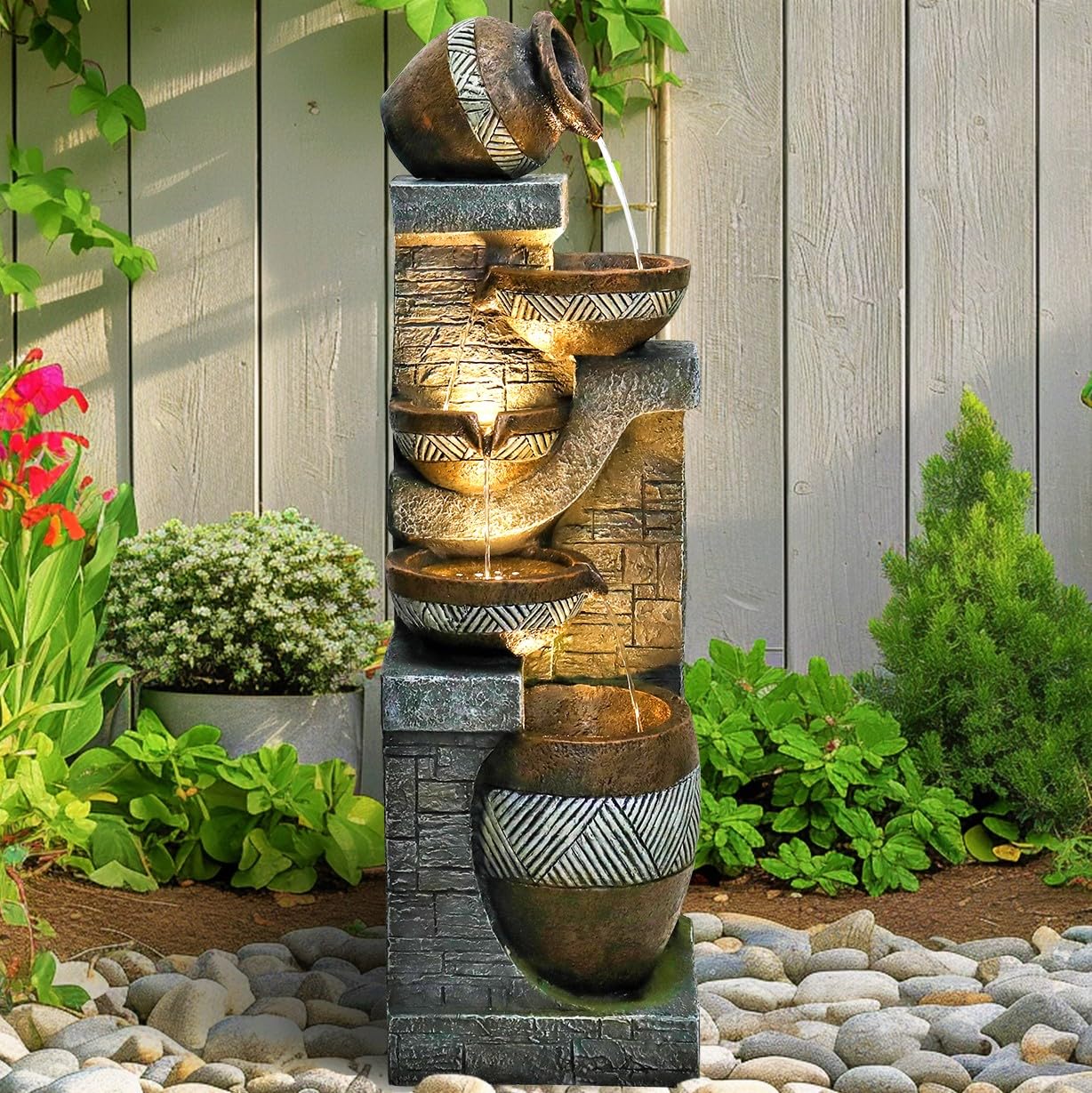 SunJet 5-Tiers Indoor/Outdoor Garden Water Fountain - 42.5inches Modern Floor-Standing Cascading Water Feature - Suitable for Deck, Patio, Porch, Yard Decor