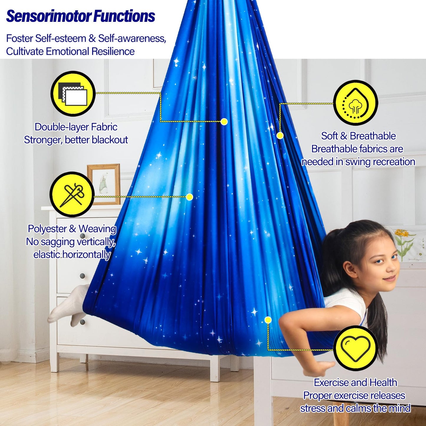 Sensory Swing for Kids & Adults Holds up to 300lbs Indoor & Outdoor Double Layer Therapy Cuddle Swing with 360° Swivel Hanger Kit for Calming, Effect for Autism, ADHD or SPD. (Star Blue)