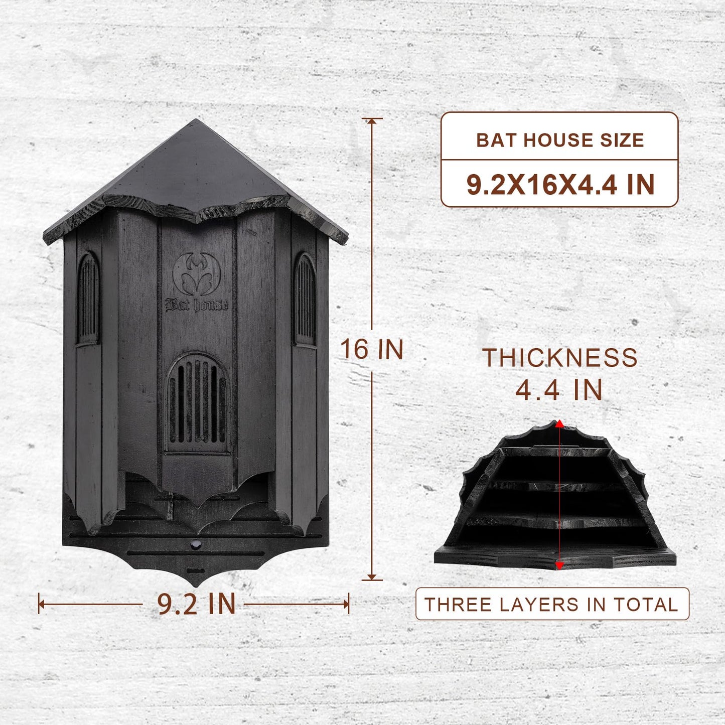 VIREESR Wooden Castle Bat Houses for Outside Bat Box for Outdoors - Large Three Chamber Box Perfectly Designed to Attract Bats - Durable and Easy to Hang(Bat House Ⅰ Black)