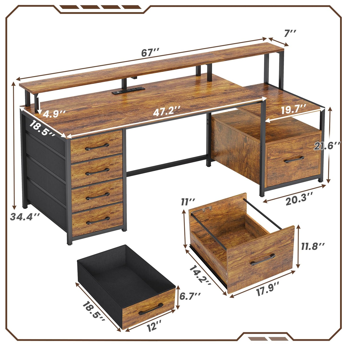 SEDETA Home Office Desk with File Drawer & Power Outlet, 66'' Computer Desk with 5 Drawer, Storage Shelves, Printer Cabinet and Monitor Shelf, Gaming Desk with Led Lights, Rustic Brown