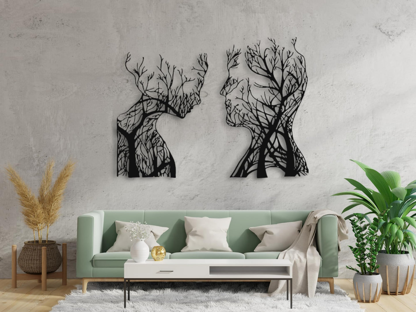 VAILLA Tree of Life Wooden Wall Art Abstract Tree Man Woman Face Large 3D Wall Decor Set of 2 Wall Hanging Sculpture Modern Wall Home Decoration 3D Textured Sculptures for Living Room Bedroom Office Dinnig Room