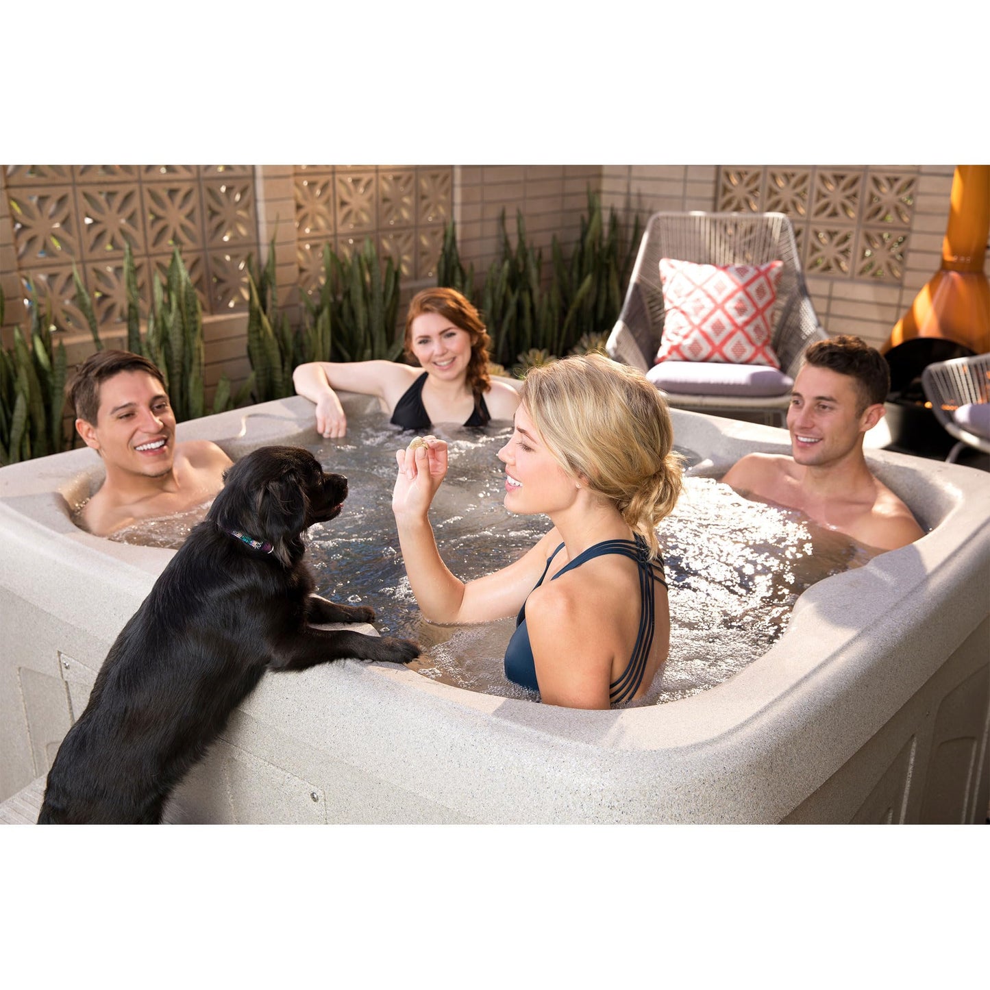 Lifesmart 4 Person Plug & Play Portable Square Outdoor Hot Tub Spa, w/ 13 Jets, Thermal Friction Heating, Cover, & Multi-Color LED Light System, Taupe