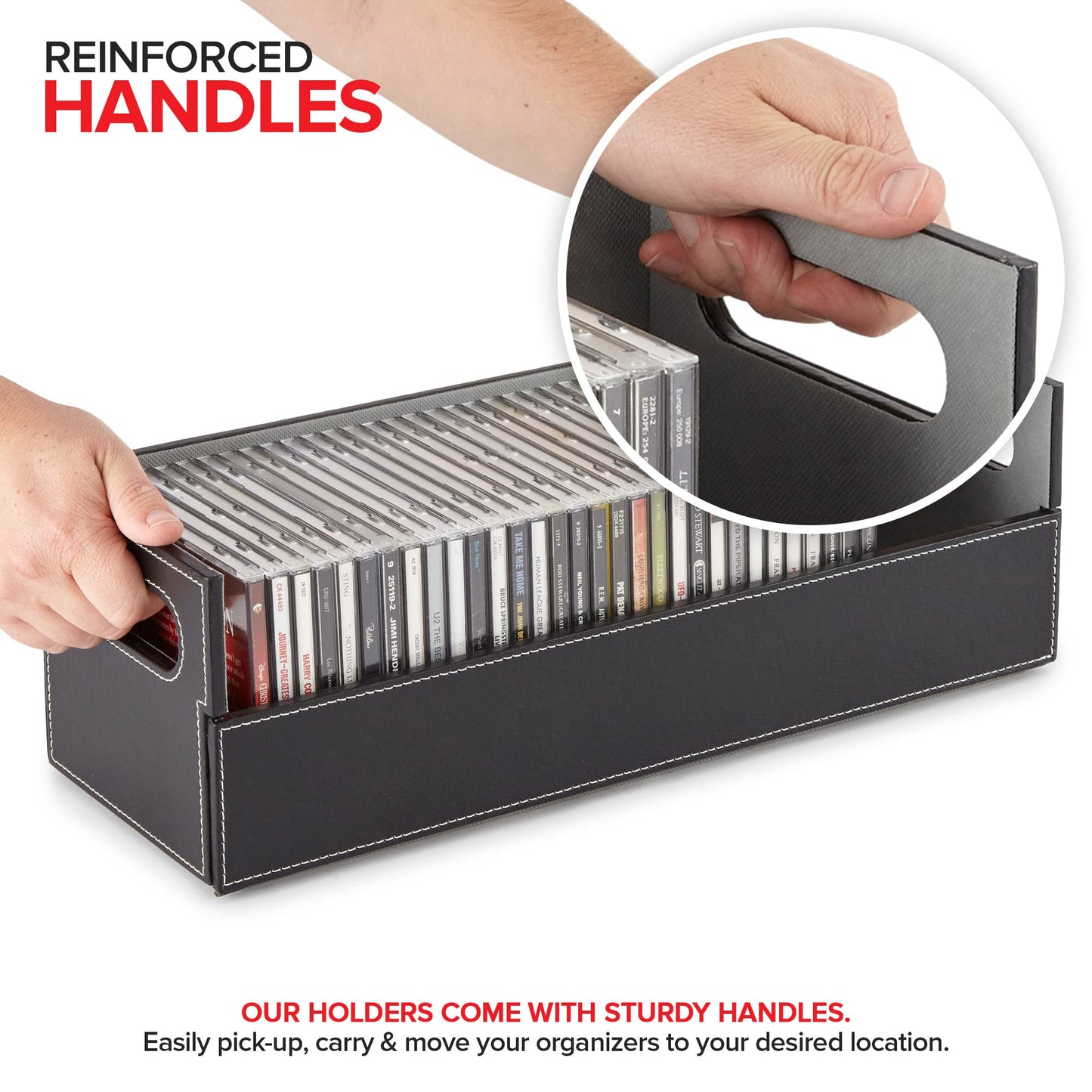 Stock Your Home CD Storage Box, Organizer Shelf for Movie Cases, DVDs, Cassette Tape Display Stand, Disc Holder Can Store Up to 40 CDs, Faux Leather (Black)