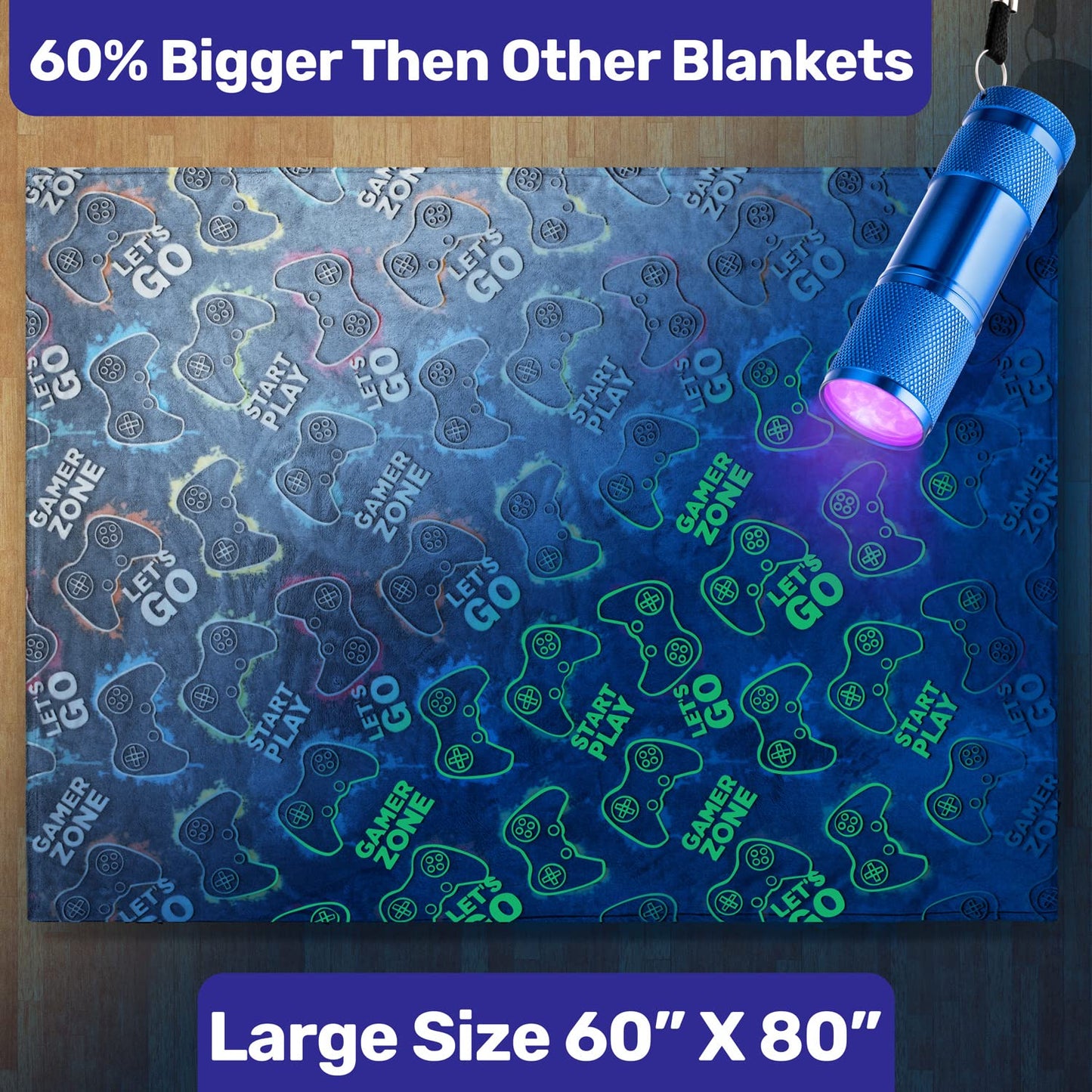 Glow in The Dark Blanket - Gaming Blanket, Big Size: 60 x 80 inch Soft Throw Blanket, Gamer Gifts for Kids Teenage, Adults, Plush Blanket Kids, Gamer Room Decor, Luminous Gamer Blanket, Boys Blanket