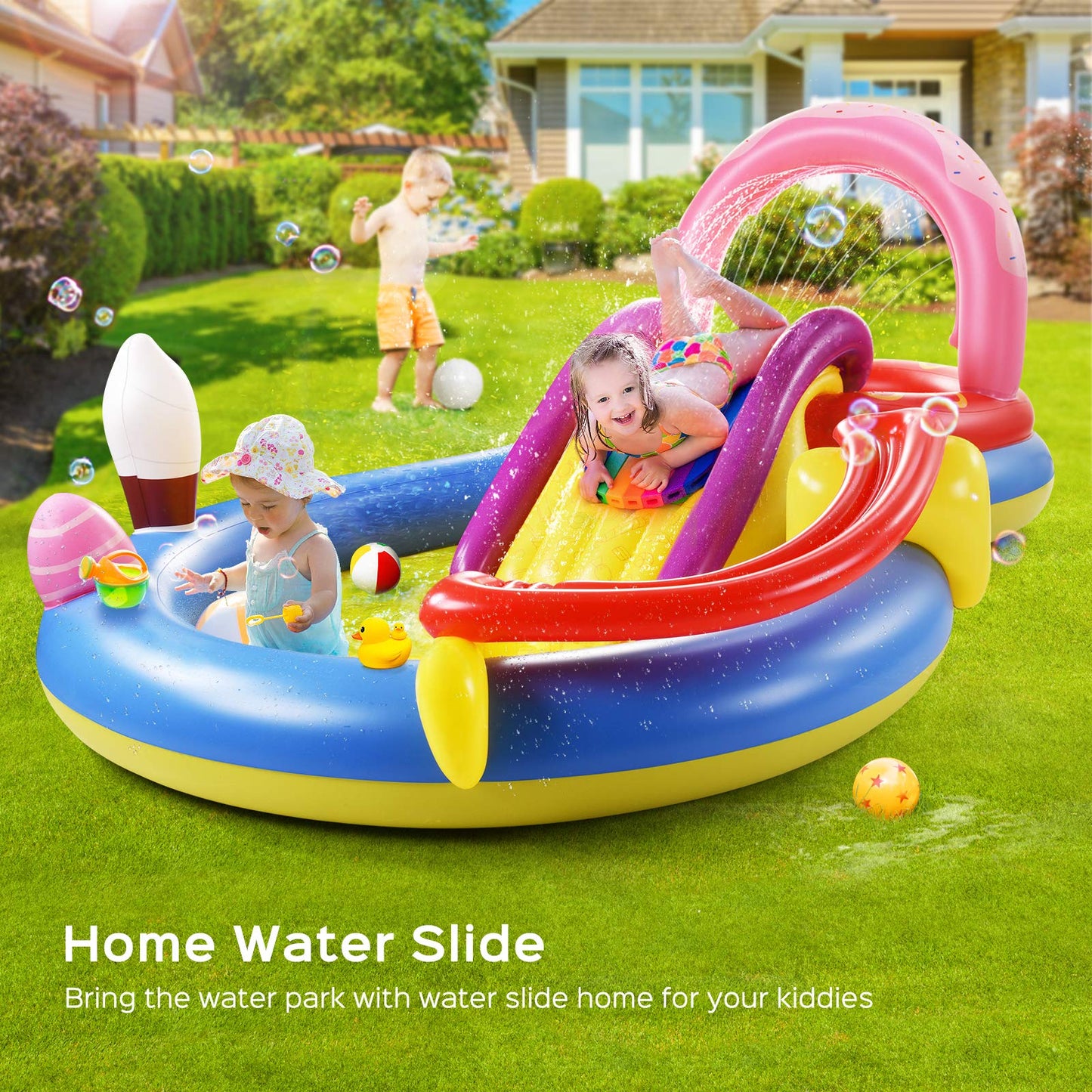 Inflatable Play Center, Full-Sized Kiddie Pool with Slide, 115" X 70" X 44", Baby Kids Pool, Fountain Arch, Ball Roller for Toddler, Thick Wear-Resistant Big Above Ground, Garden Backyard Water Park