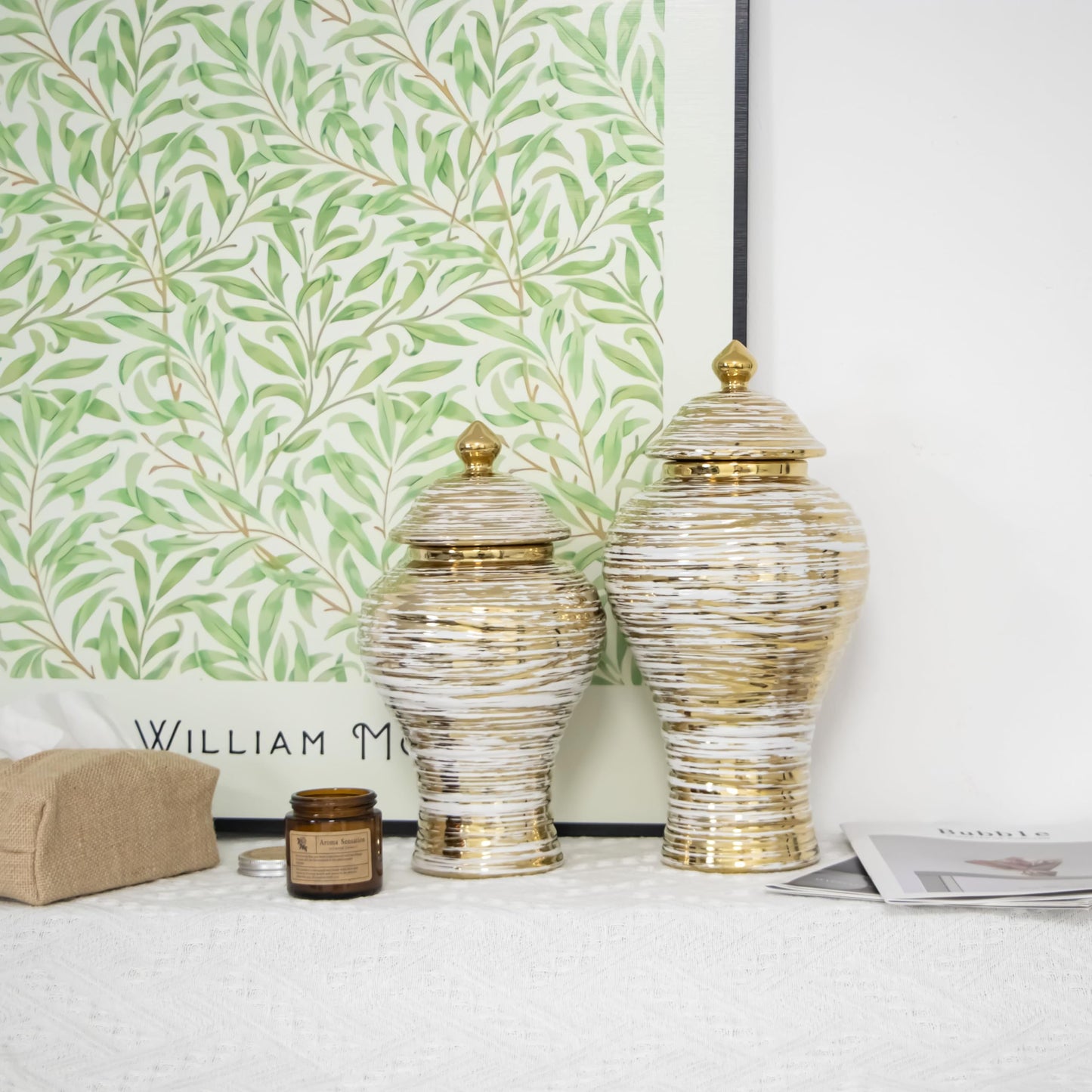 Decorative Ceramic Ginger jar with lid vase, White paired with Gold Unique Irregular Circle Shape (Medium)