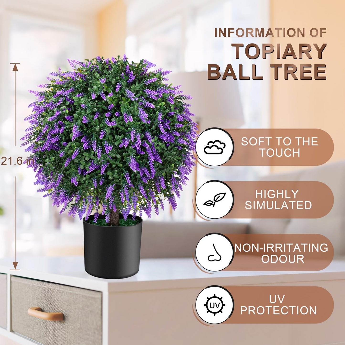 POZOY Set of 2 Pack Artificial Lavender Topiary Ball Trees 21.6'', Outdoor Faux Shrubs with UV Resistant, Lasting Evergreen Purple Bushes Potted Plants for Indoor, Front Porch, Garden Decor