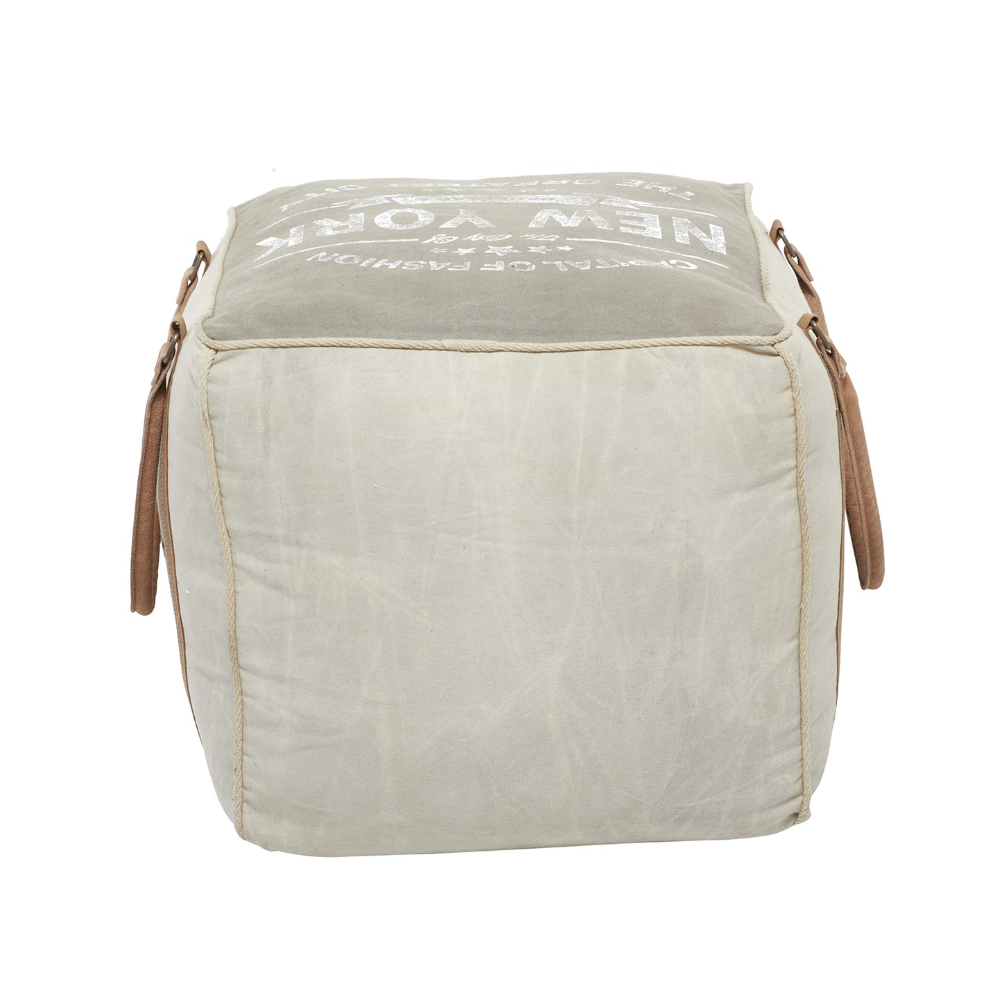 Deco 79 Canvas Pouf with Leather Handles, 21" x 21" x 19", Cream