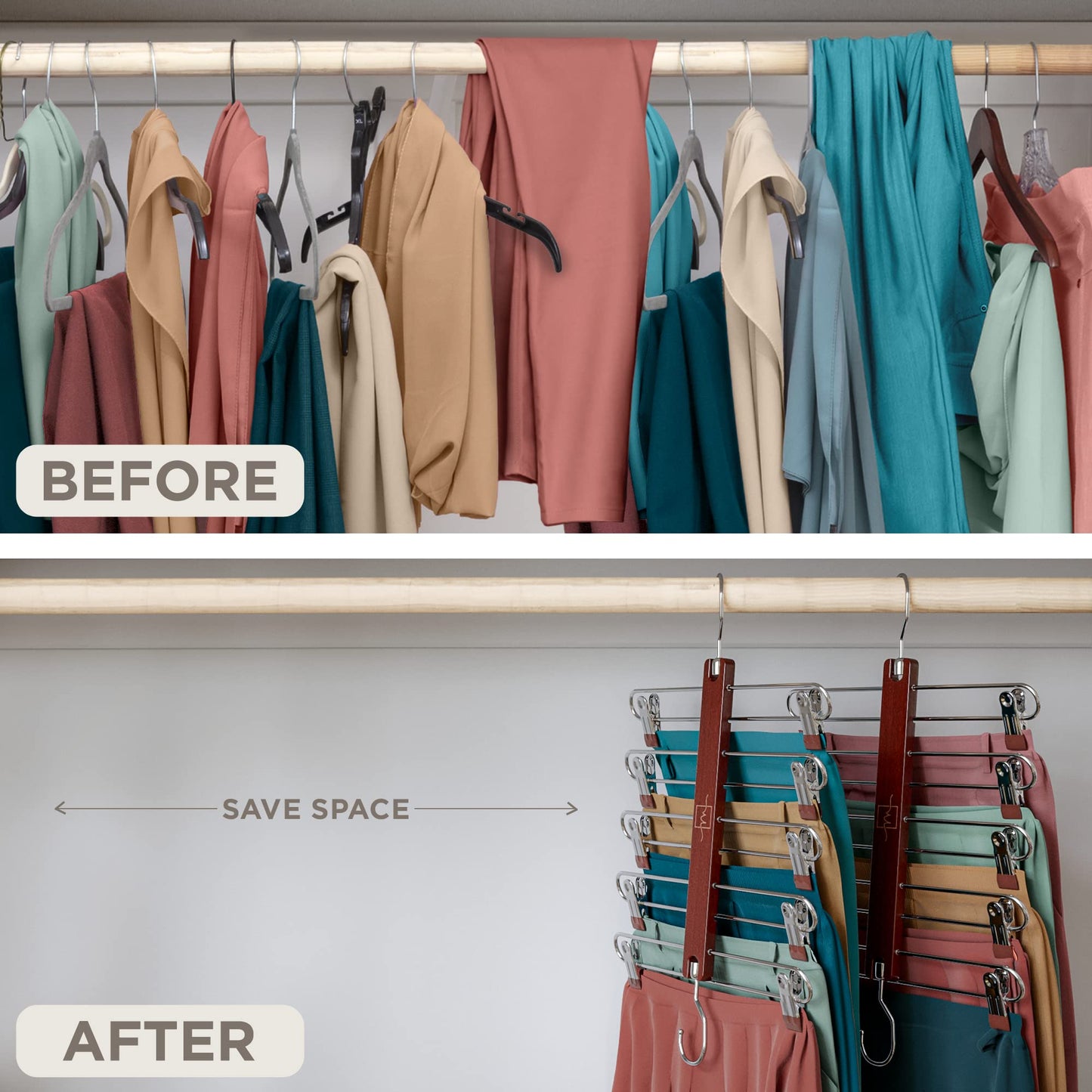 MORALVE Skirt Hangers Space Saving - European Beechwood Shorts Hangers & Skirt Hangers - Women Space Saving Skirt Hangers with Clips - Closet Organizers & Storage 5 Tier Skirt Hanger Skirt Organizer