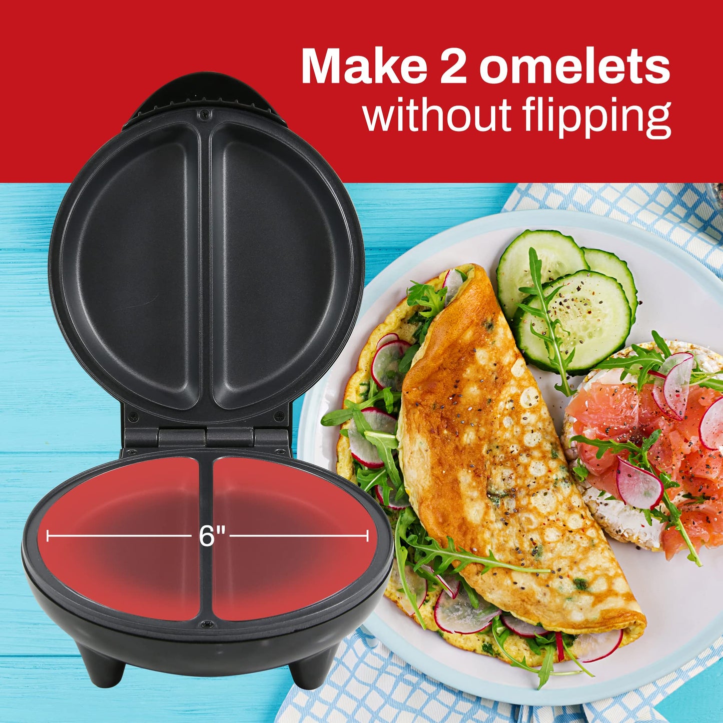 Elite Gourmet EOM205 Non-Stick Omelet, Frittata, Snack Pocket Maker, Dessert Maker, 2 Individual 6.5" Omelets, Stainless Steel and Black