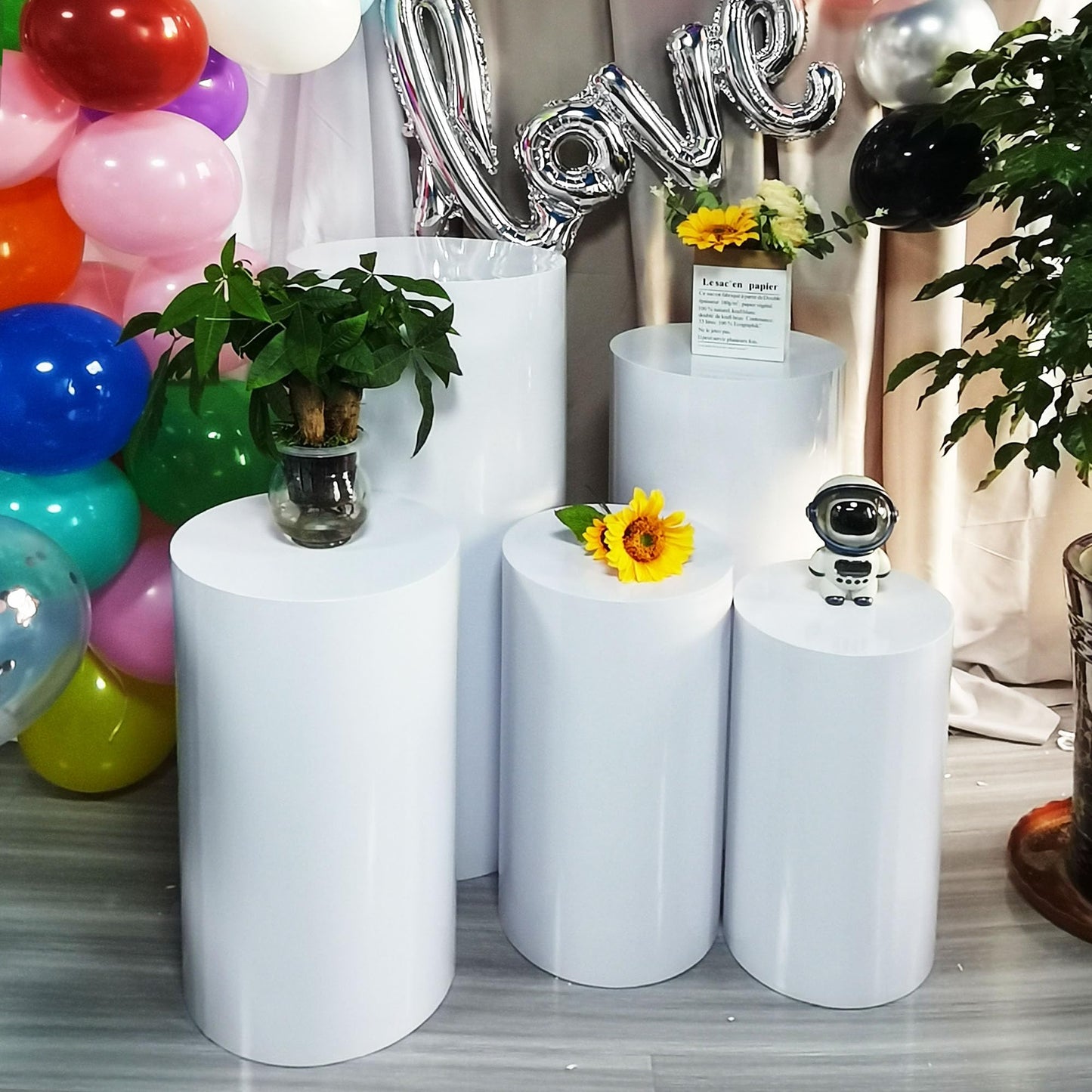 HYCBTC Cylinder Stands for Party,Metal Cylinder Pedestal Stands for Parties White Round Display Pedestal Stand for Wedding Props Birthday Babyshower Party Event Decor ( 5)