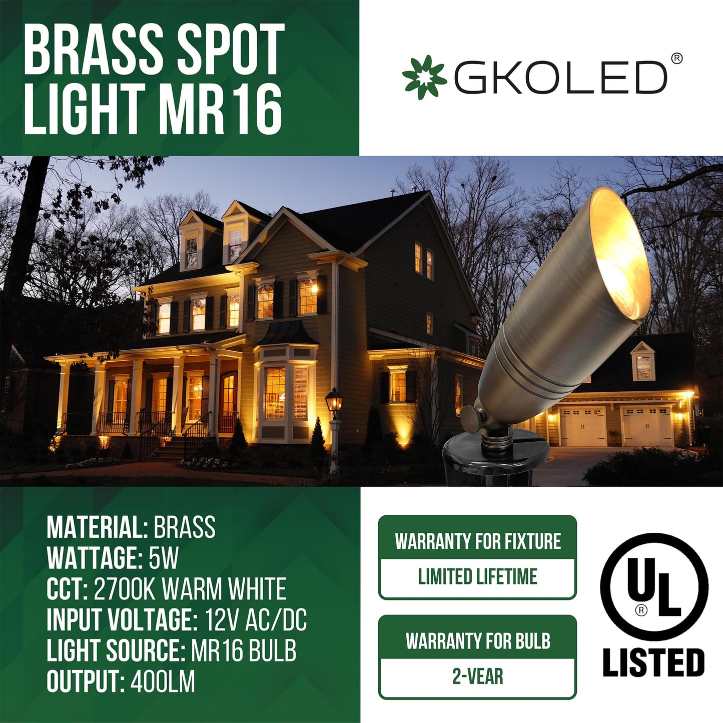GKOLED UL Listed Solid Brass Landscape Spotlight, Low Voltage Outdoor Directional Uplight, with 5W MR16 LED Bulb & Large Rugged Slot Spike, 12V AC/DC Garden Patio Spot Up Light (10 Pack)