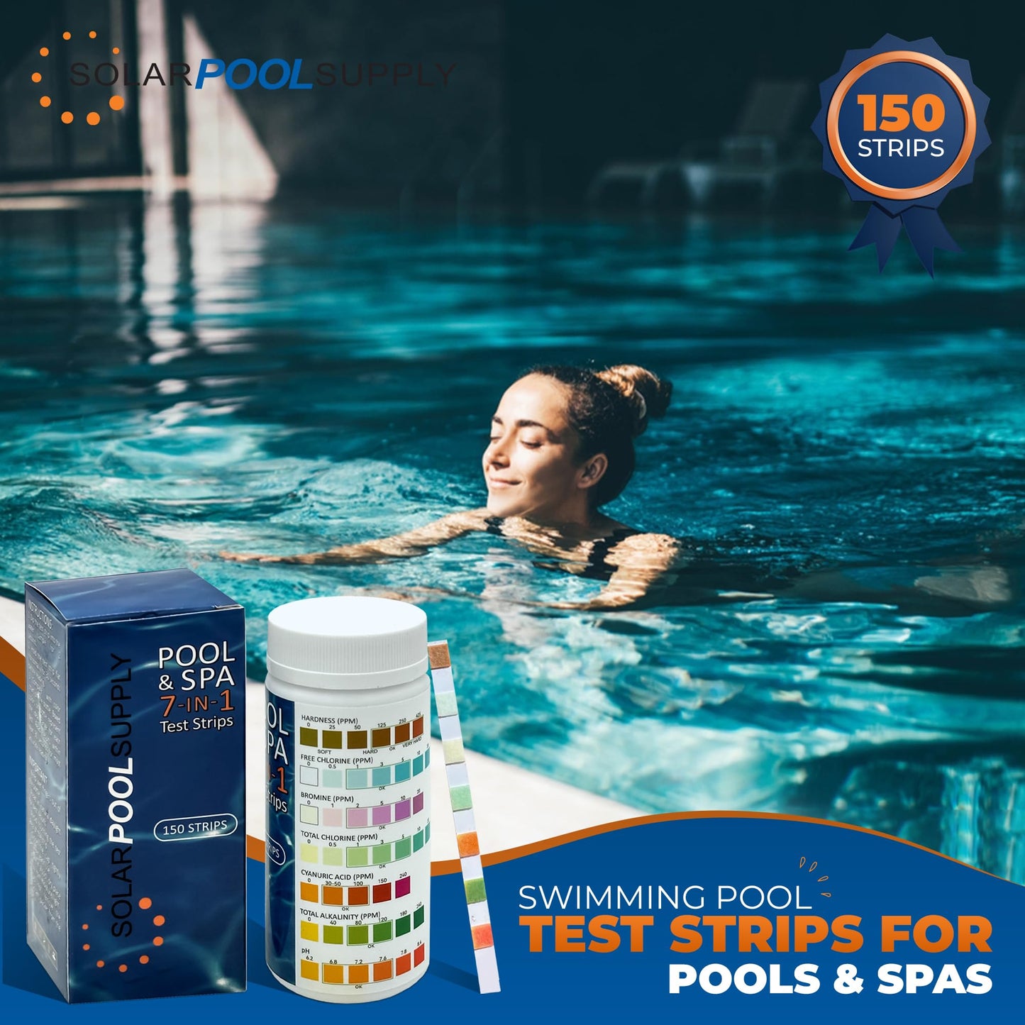 7-in-1 Pool Test Strips - 150 Pool Water Chemical Test Strips - Super Easy to Use - Results in Seconds - Great for Pools, Spas & More! Test pH, Chlorine, Alkalinity, Bromine, Hardness, Cyanuric Acid