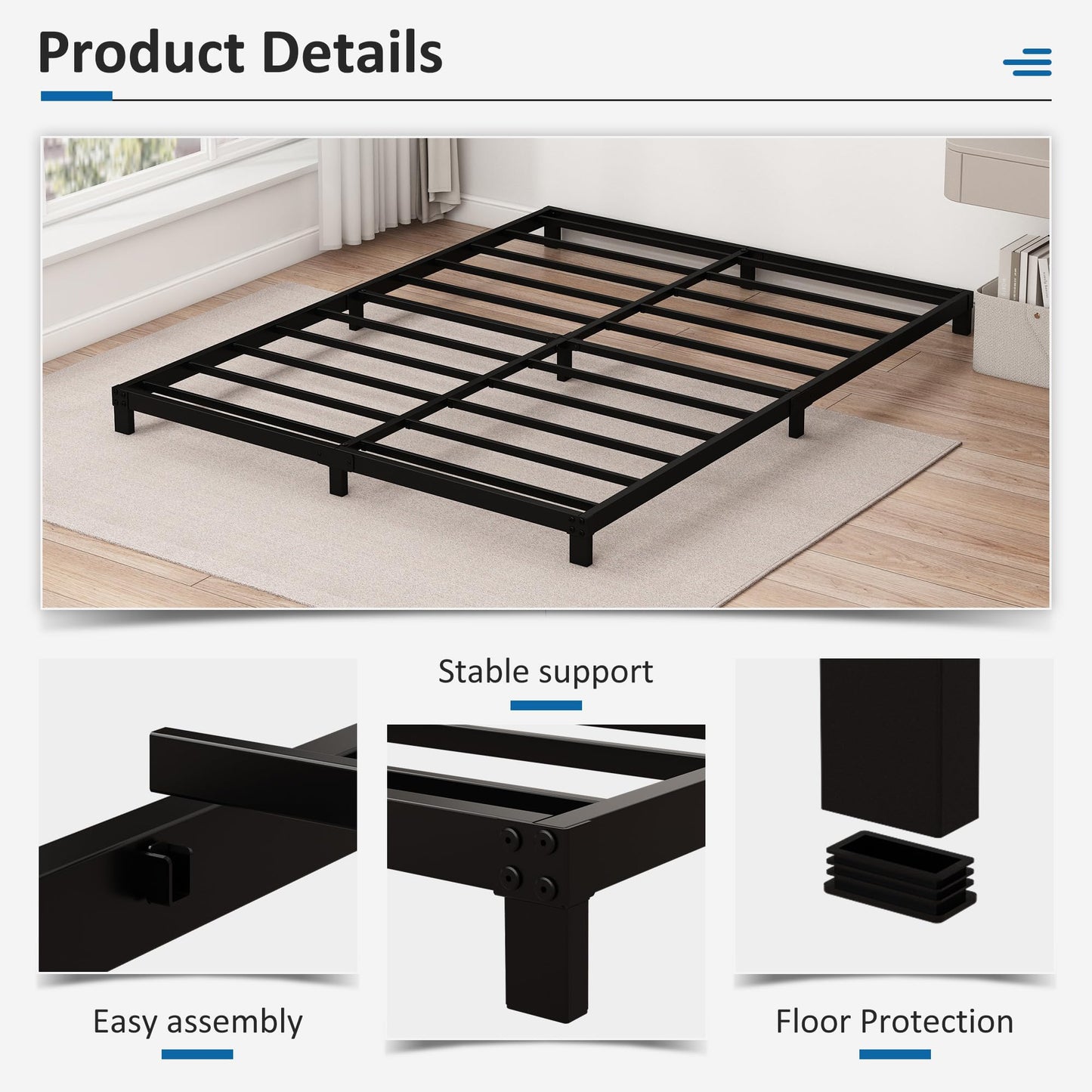 Fly-CTsoar 5 Inch Low Queen Bed Frame Heavy Duty Metal Platform, No Box Spring Needed, Easy Assembly Mattress Foundation, No Noise, Black