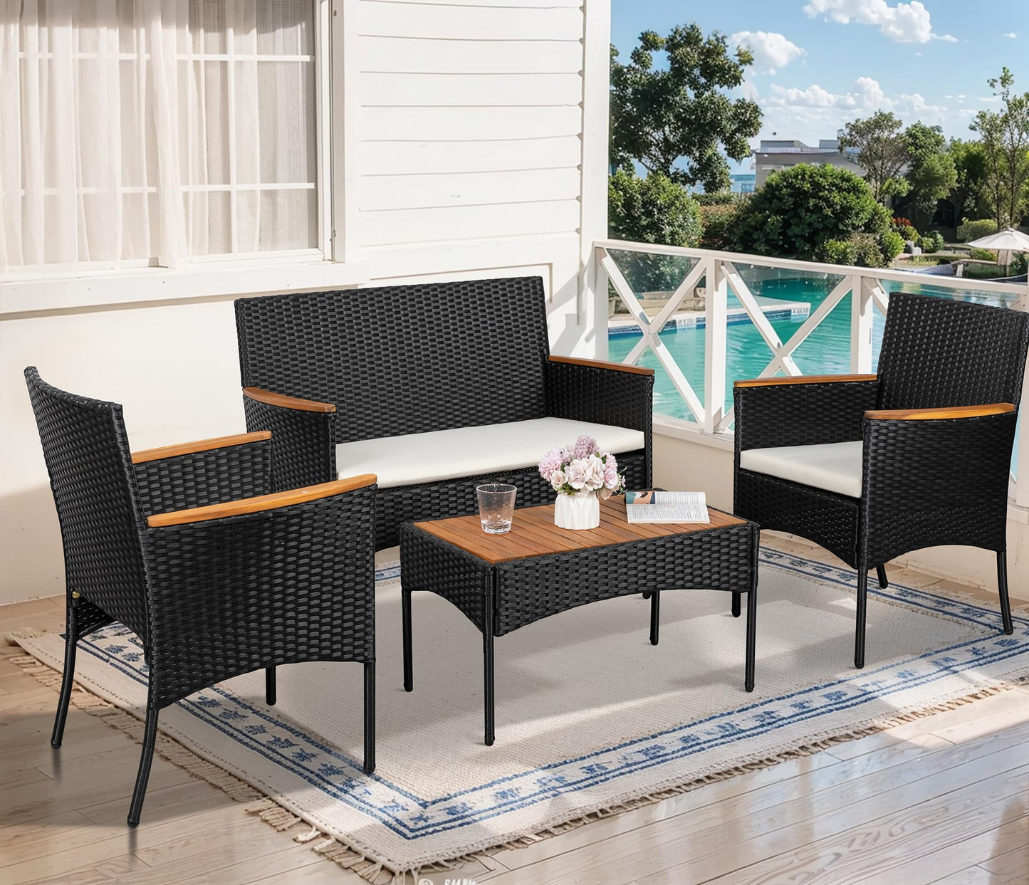 Shintenchi 4-Piece Patio Furniture Set, Outdoor Wicker Patio Conversation Furniture Set with Cushions and Wooden Tabletop for Paito Lawn Backyard, White Cushion