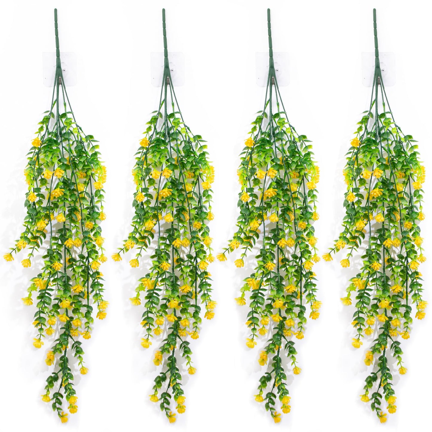 LUZOGA 4 Pcs Artificial Fake Flowers, Hanging Plastic Plants Outside,Eucalyptus with Camellia Vine Garland，Outside Indoor Decorations (Yellow-Eucalyptus)